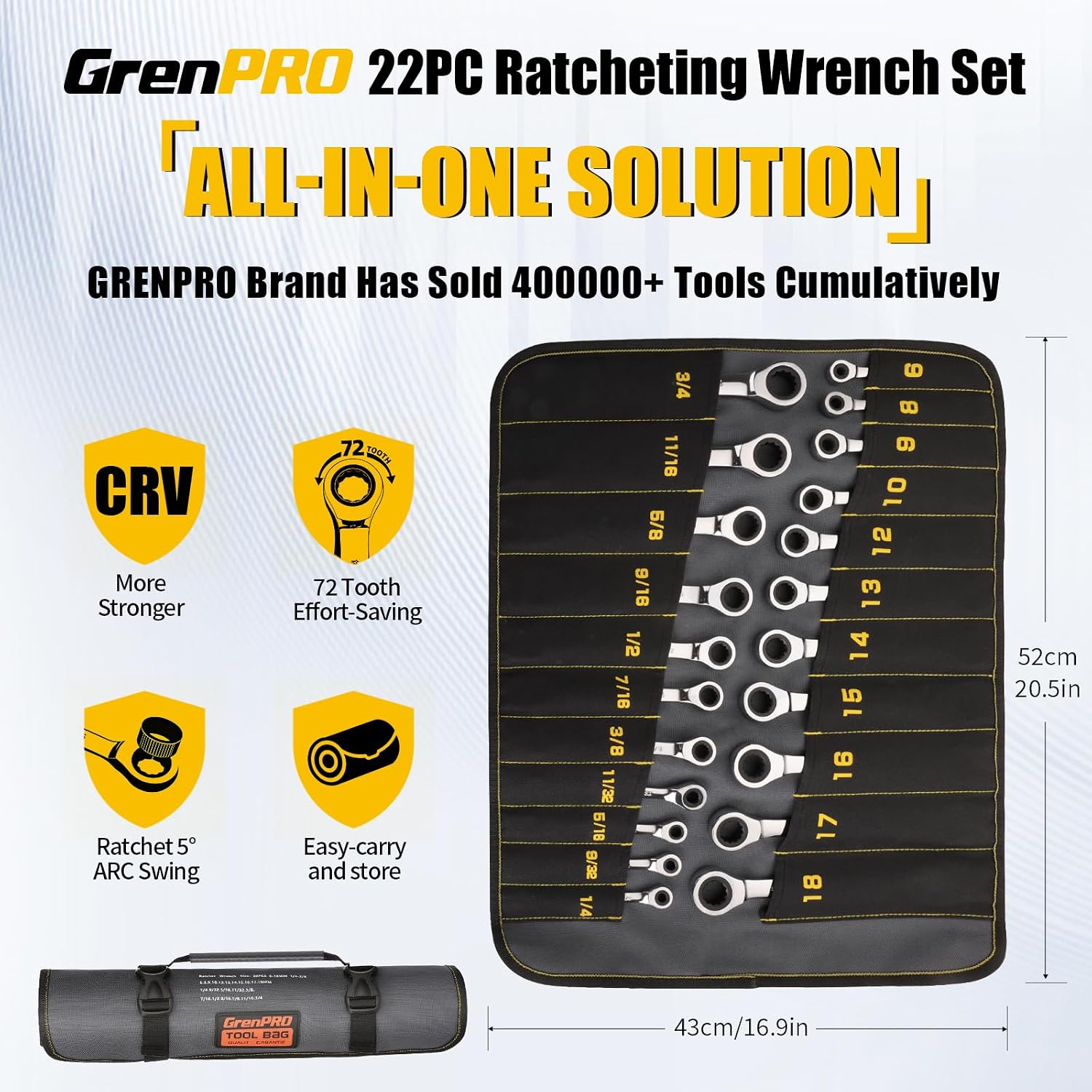 Detalle de GRENPRO 071063 22-Piece Ratcheting Wrench Set, SAE and Metric CR-V