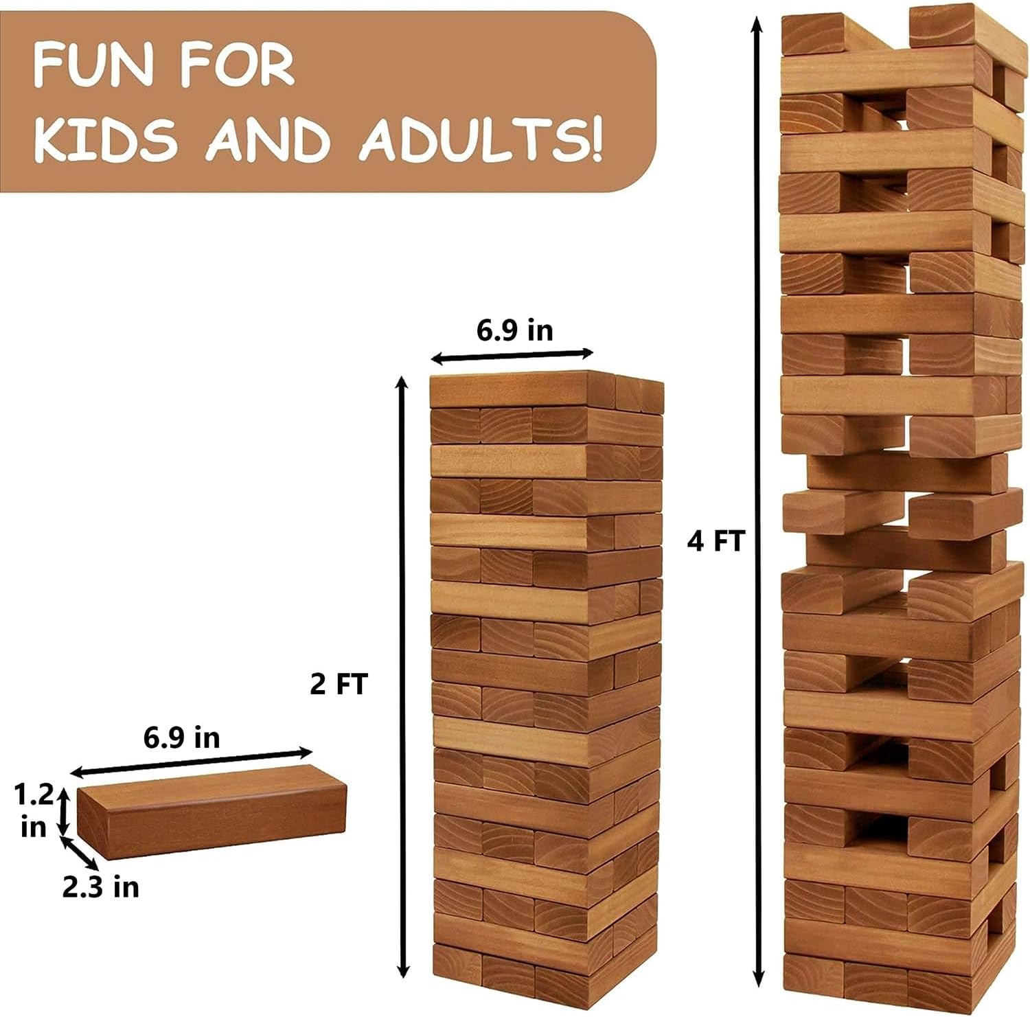 Thumbnail 1 de Juegoal 54-Piece Giant Tumble Tower Wooden Stacking Game (Brown) with Board & Canvas Bag