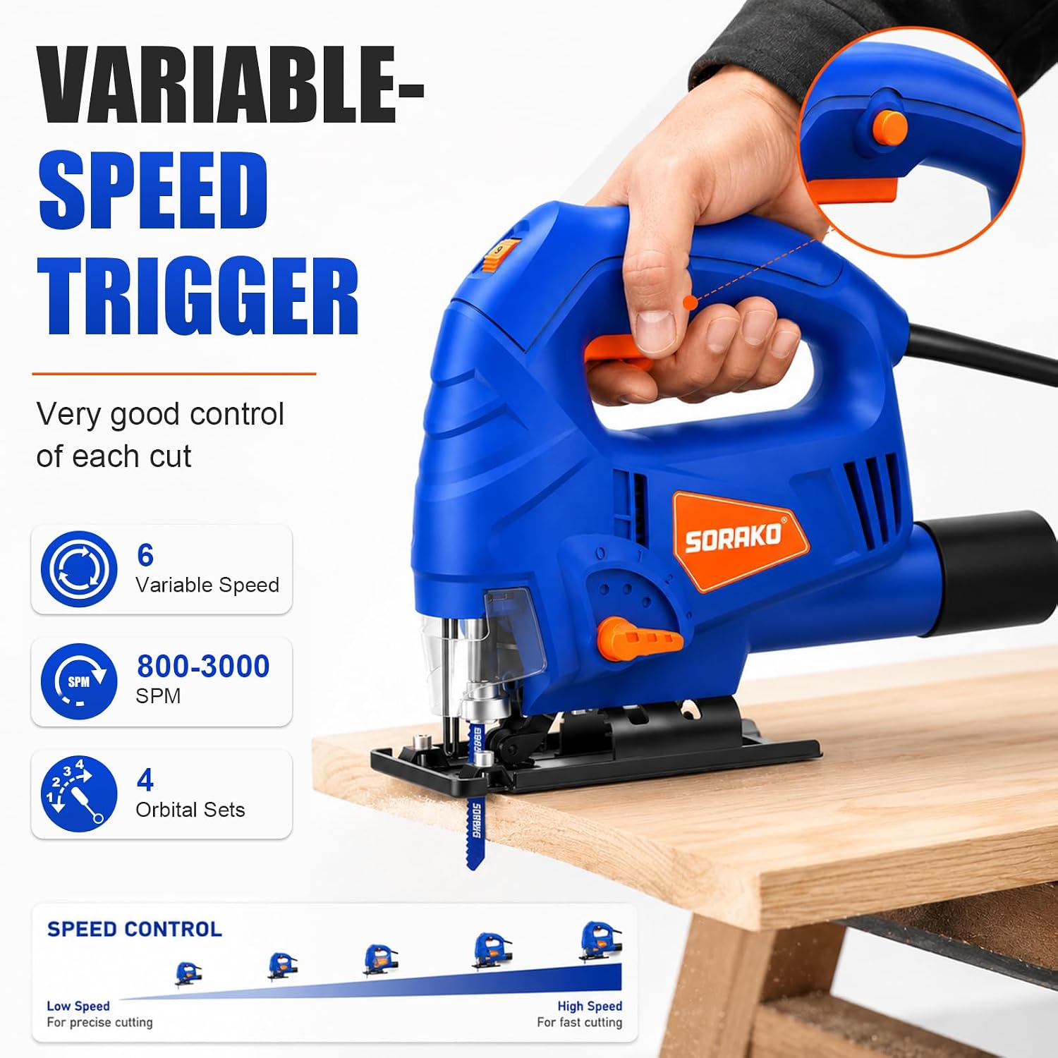 Detalle de SORAKO Jigsaw 600W Corded Electric Jigsaw for DIY, Worktops & Laminate