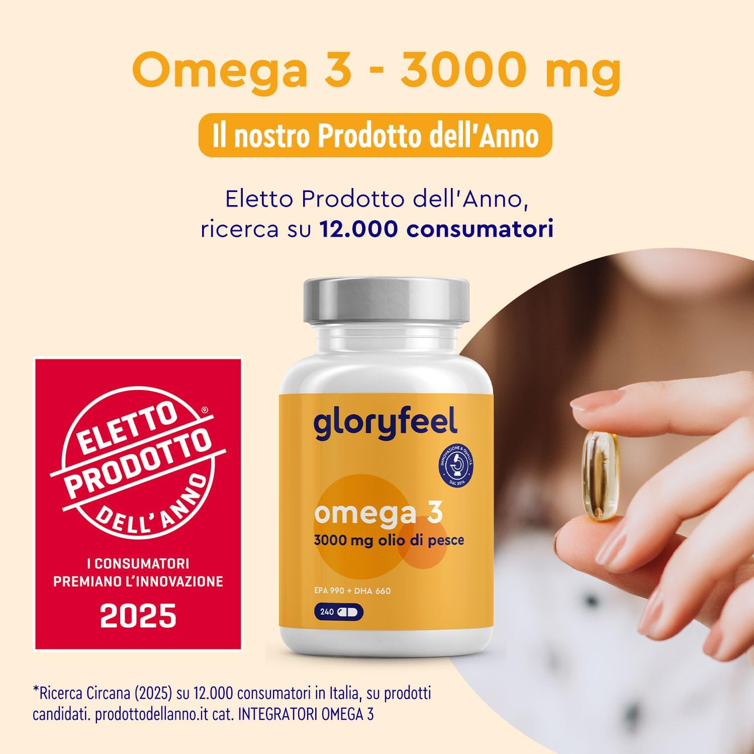Detalle 2 de Omega 3 ad Alto Dosaggio GloryFeel: 3000 mg di olio di pesce, 990 mg EPA e 660 mg DHA in 240 softgel