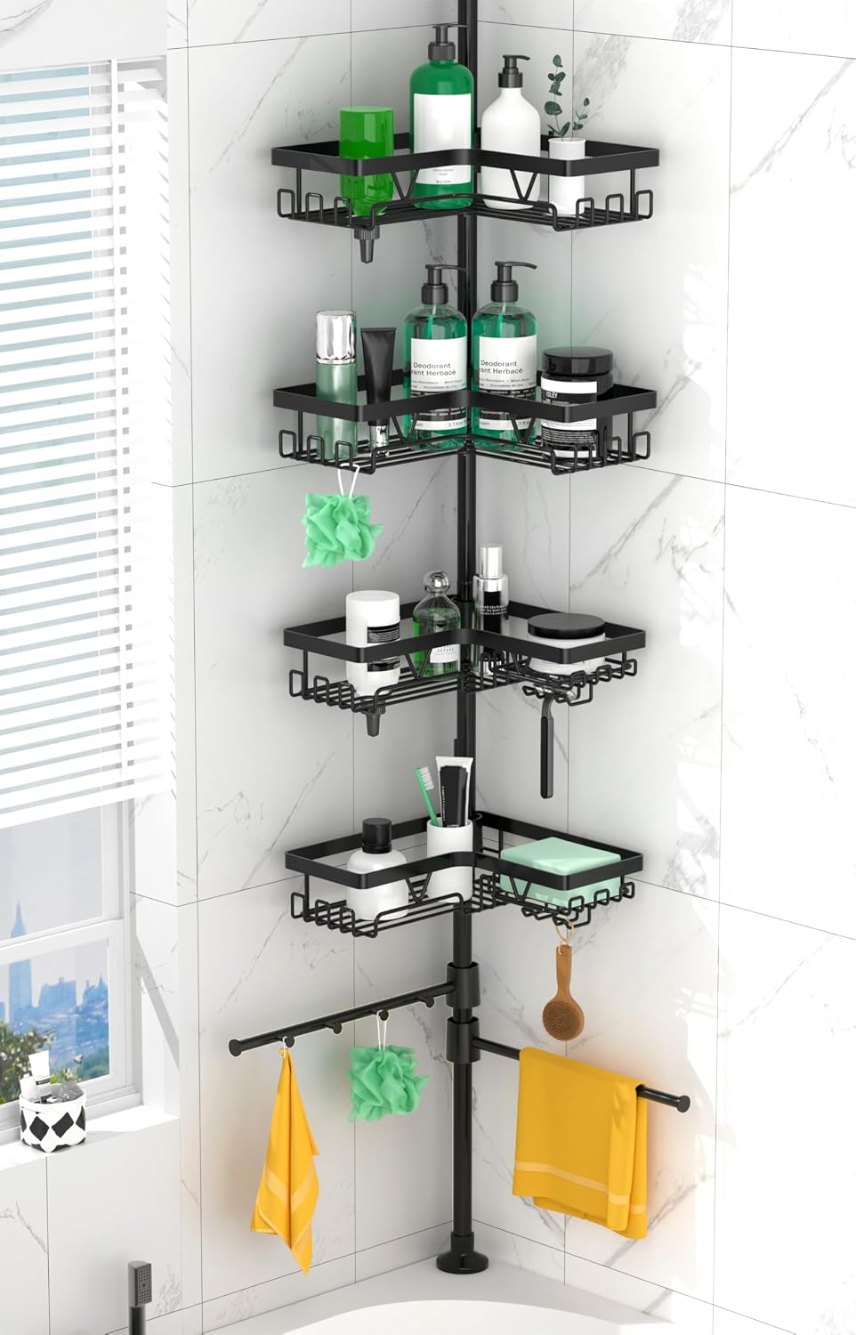 Detalle de DAOYA BSC089-DY-us Tension Pole Shower Caddy with 4 Baskets and 2 Towel Bars