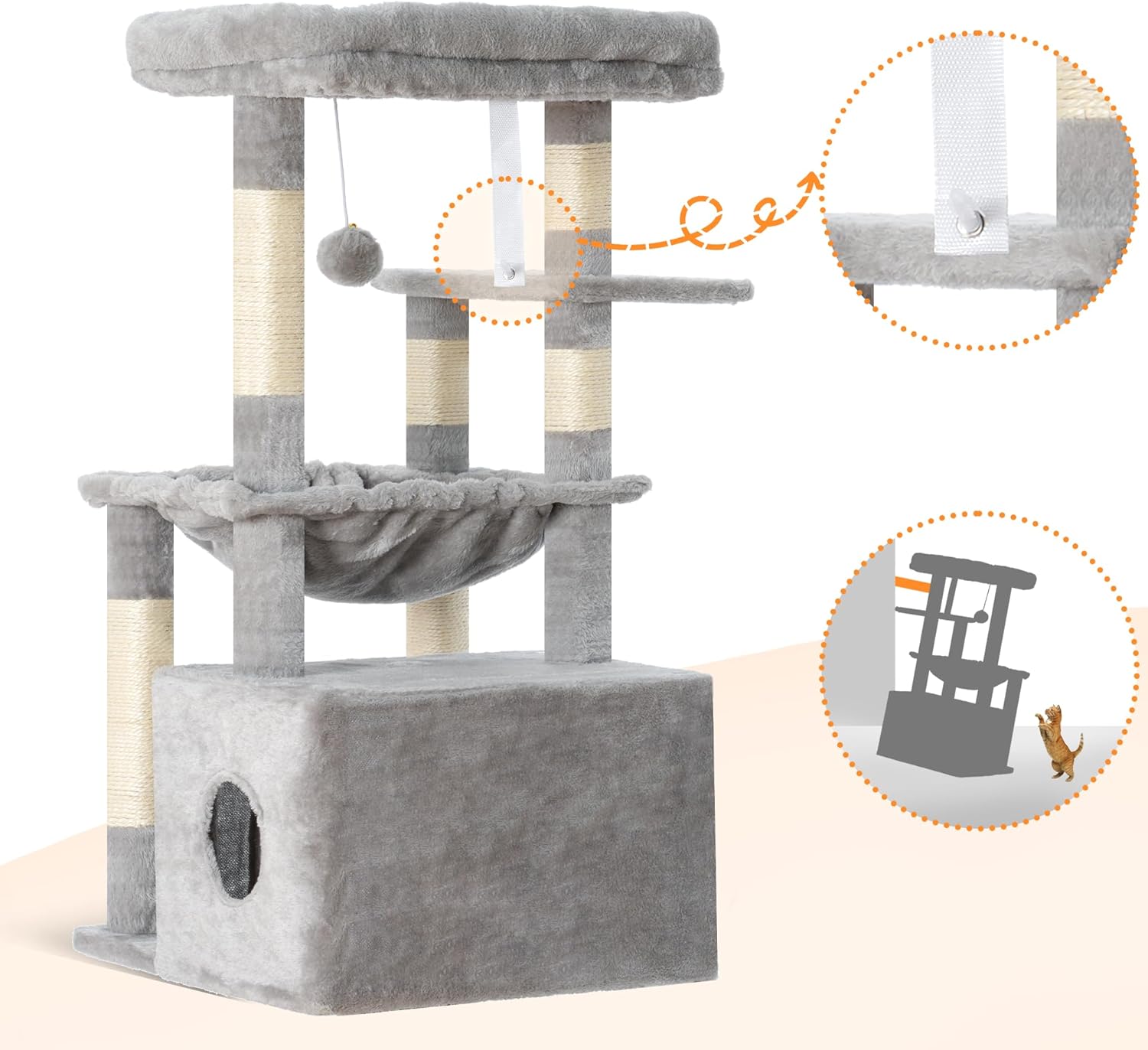 Thumbnail 6 de Heybly Cat Tree HCT008SW – 80cm kitten tower with large soft basket, hidden cave bed & 6 scratching posts
