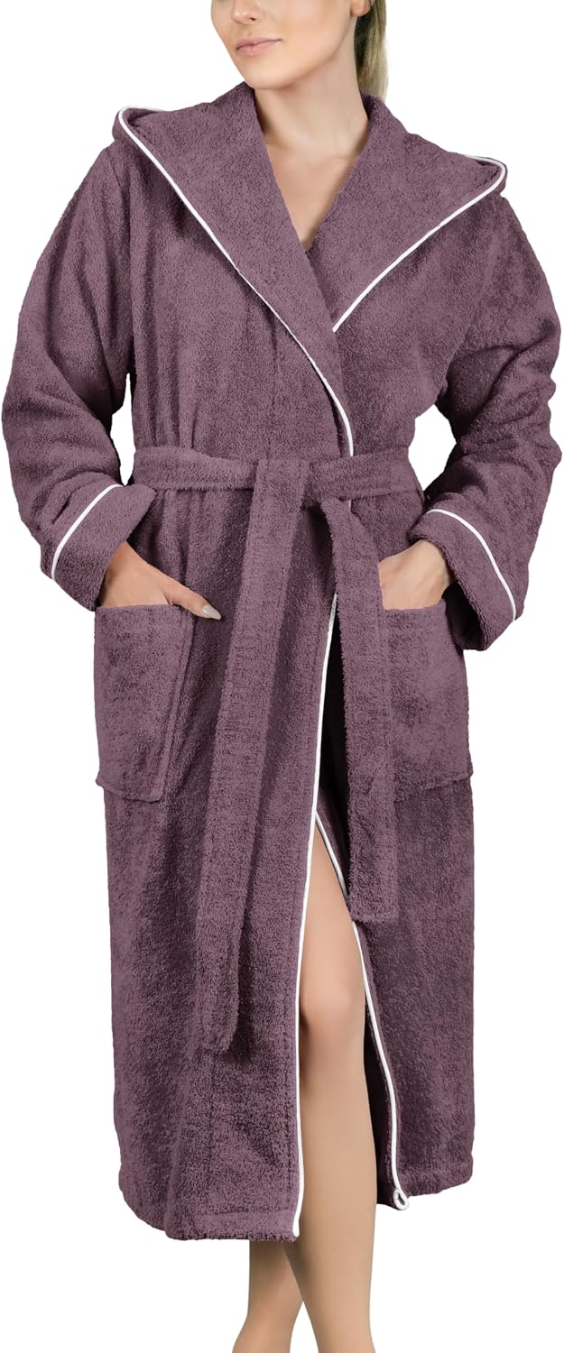 Detalle de LAYNENBURG Damen-Bademantel aus Frottee mit Kapuze, 100% Baumwolle (360 g/m²) – lang & OEKO-TEX für S–3XL
