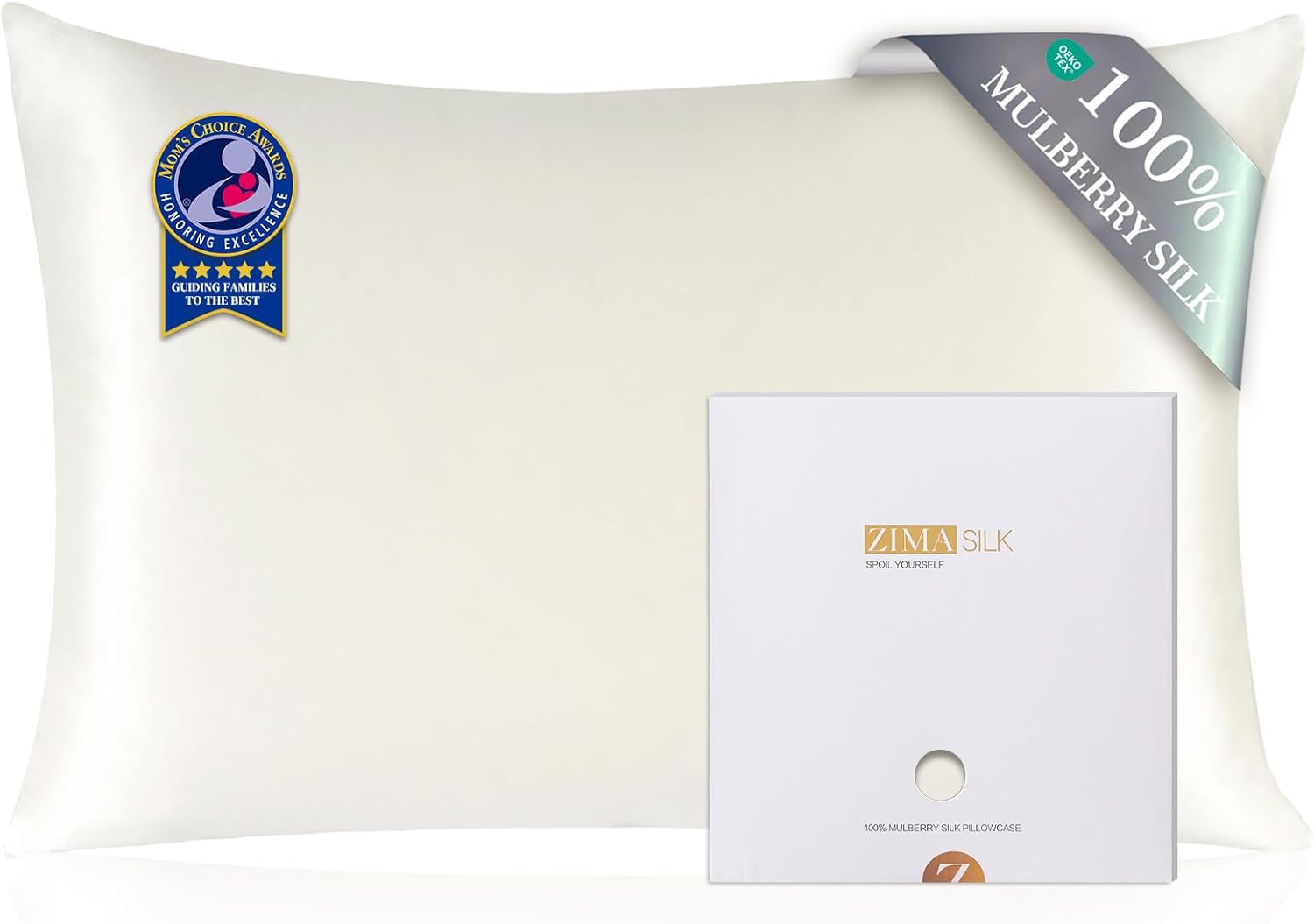 ZIMASILK 100% Pure Mulberry Silk Pillowcase (6A Grade, 600 Thread Count) with Hidden Zipper — Ivory, Standard 20x26