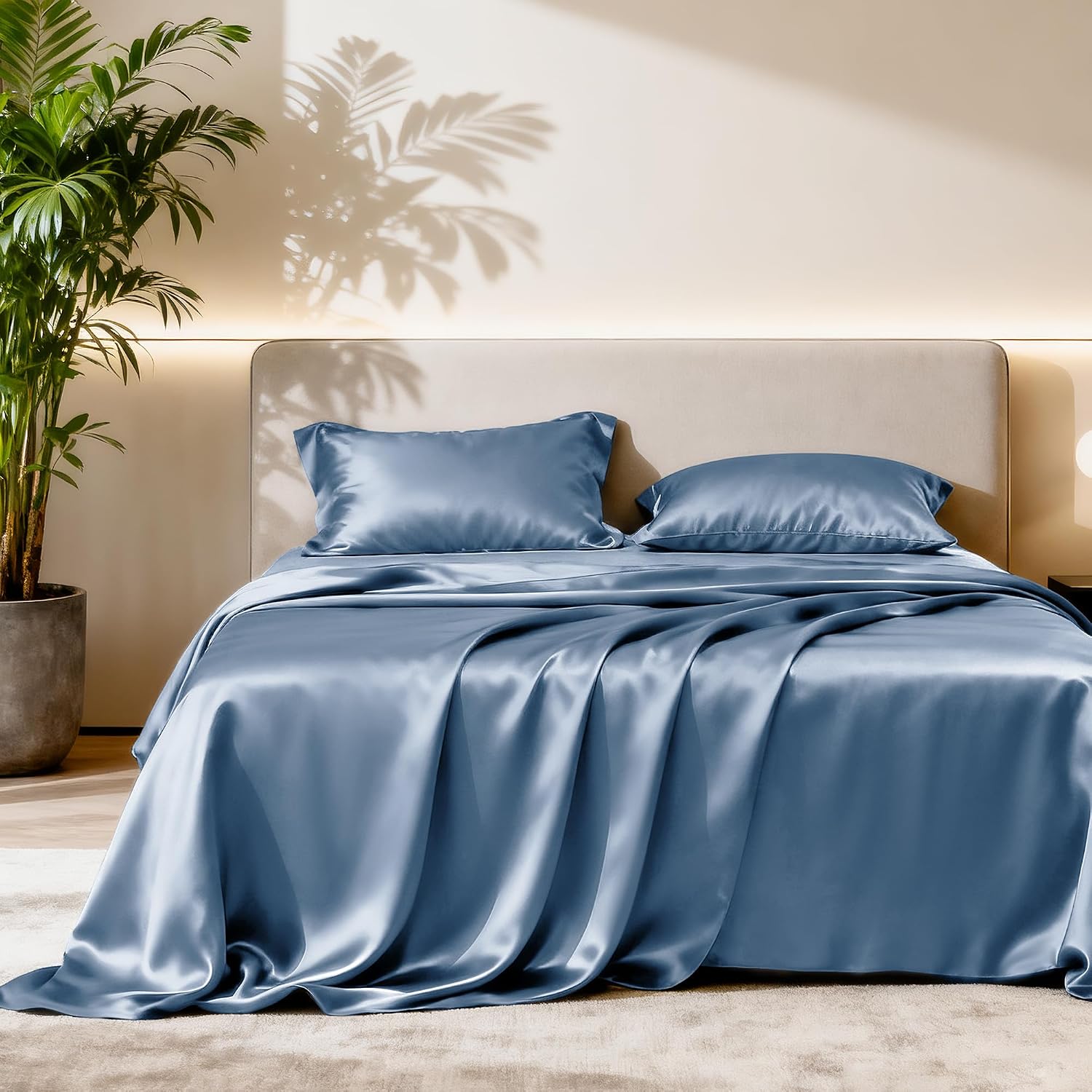 Detalle de Love's cabin Queen Satin Sheet Set, Ash Blue, 15-Inch Deep Pocket