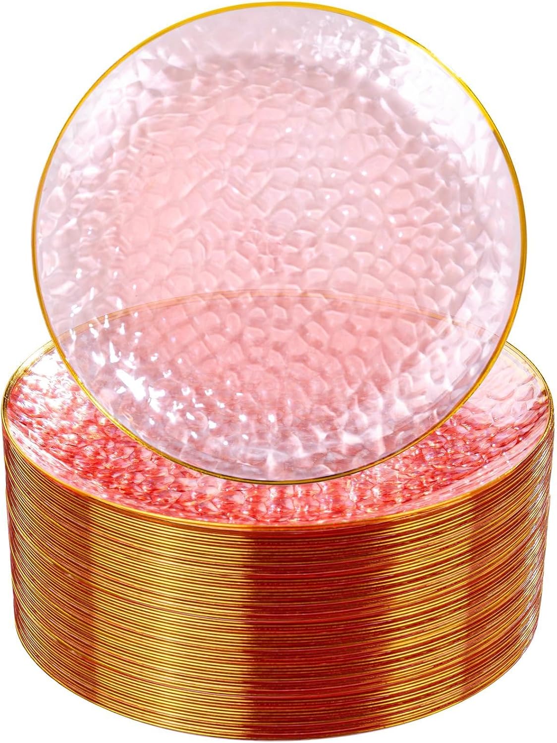 Detalle de Rubtlamp 100 Pcs Pink Gold 7 Inch Dessert Plates – Hammered Plastic Disposable with Gold Rim