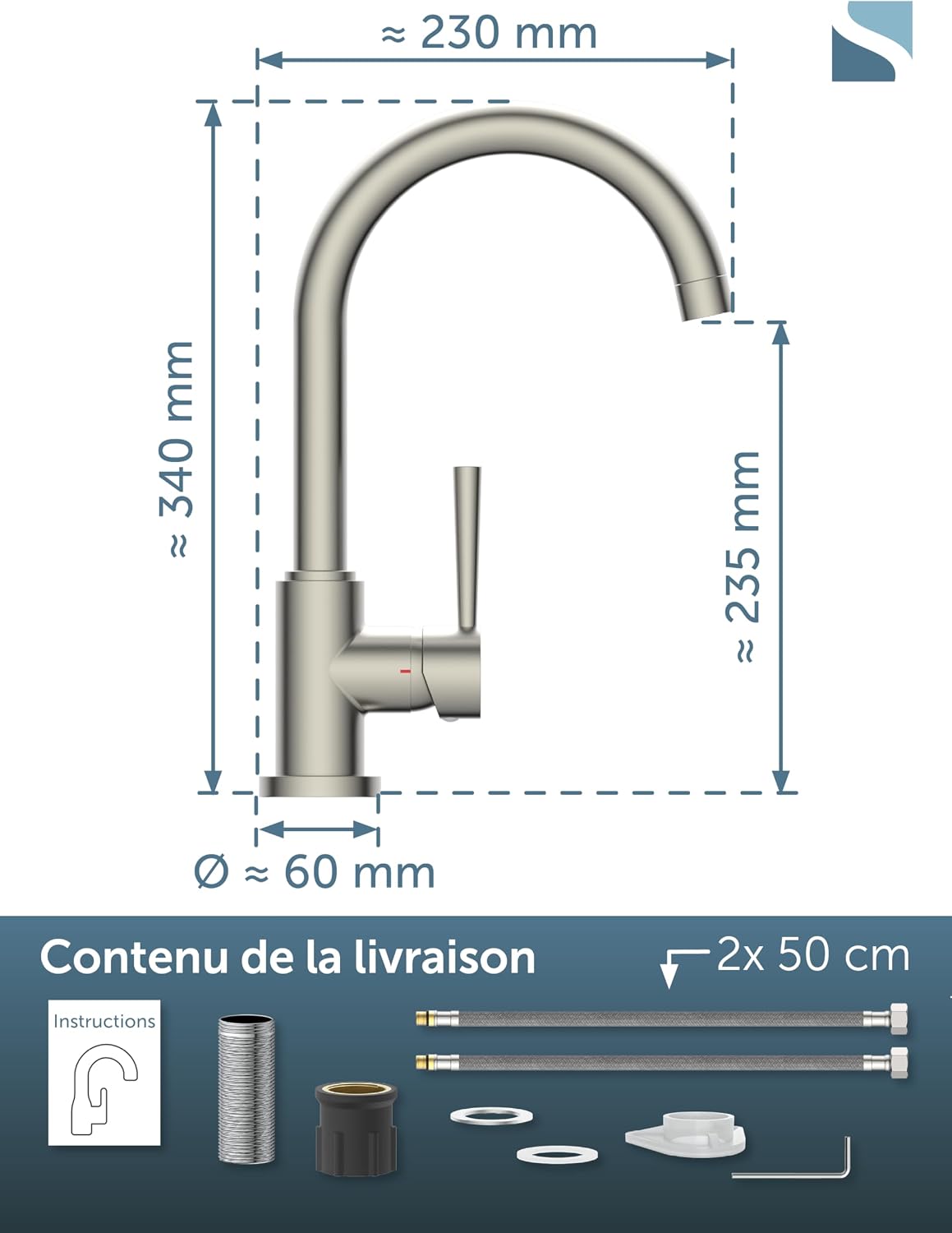 Detalle de SCHÜTTE 79126 Robinet de cuisine Cornwall — mitigeur pivotant 360° et Cold-Start