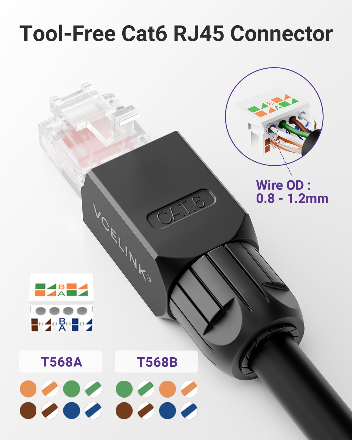Thumbnail 1 de VCELINK Cat6 Tool-Free RJ45 Connectors (4-Pack) – 1000 Mbps, 250 MHz, Gold-Plated