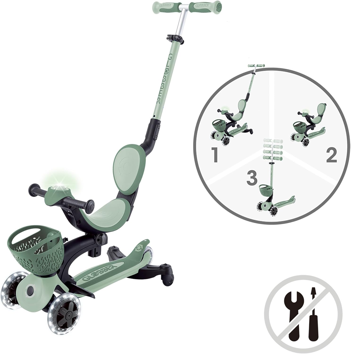 Detalle de Globber GO•UP Baby 360 Lights – hulajnoga 3-kołowa z siedziskiem i oparciem
