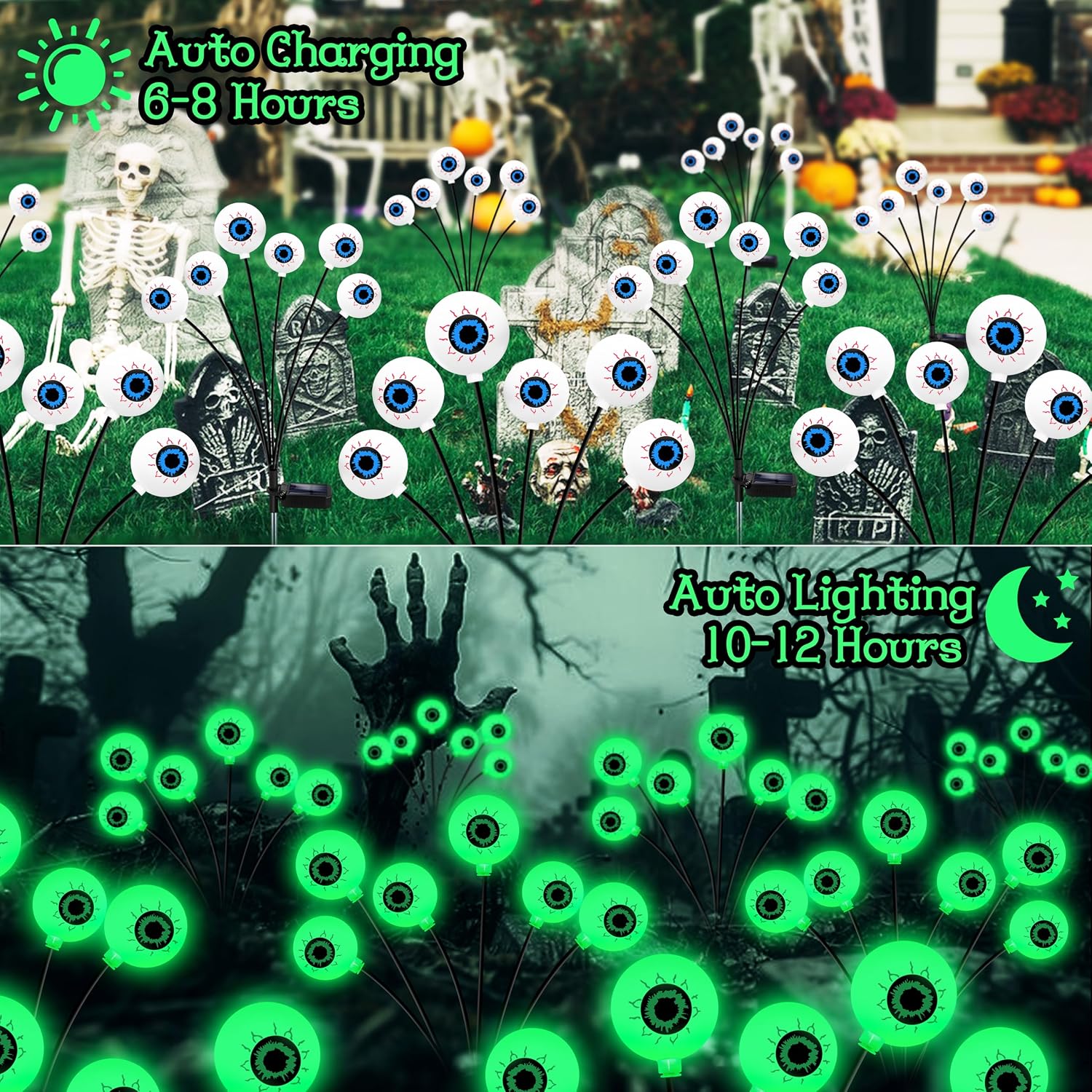 Detalle de Kohlrabi 4-Pack Solar Halloween Eyeball Lights, Green 24-LED Swaying Outdoor Stakes