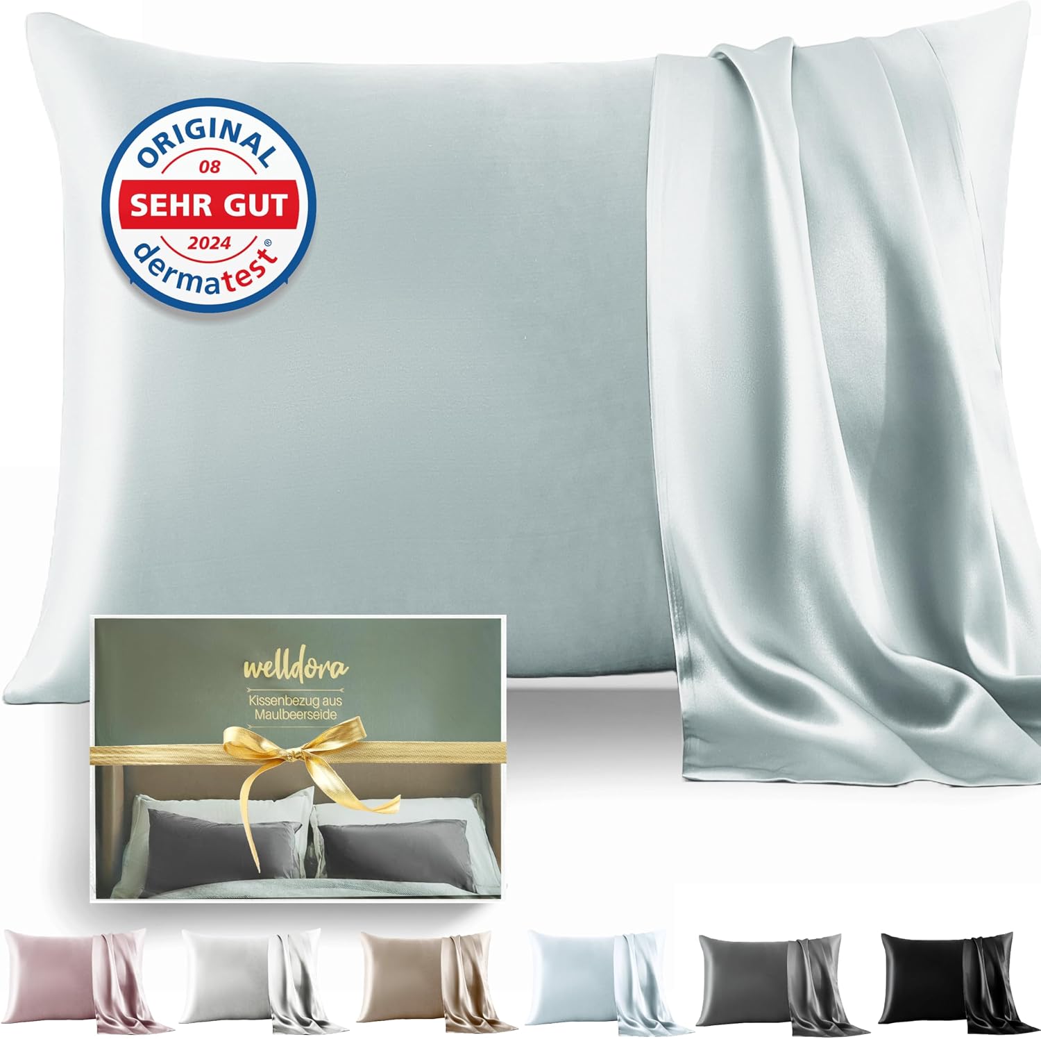 Detalle de Welldora Kissenbezug 40x80 aus 100% Seide (22 Momme, 6A) – Silbergrau