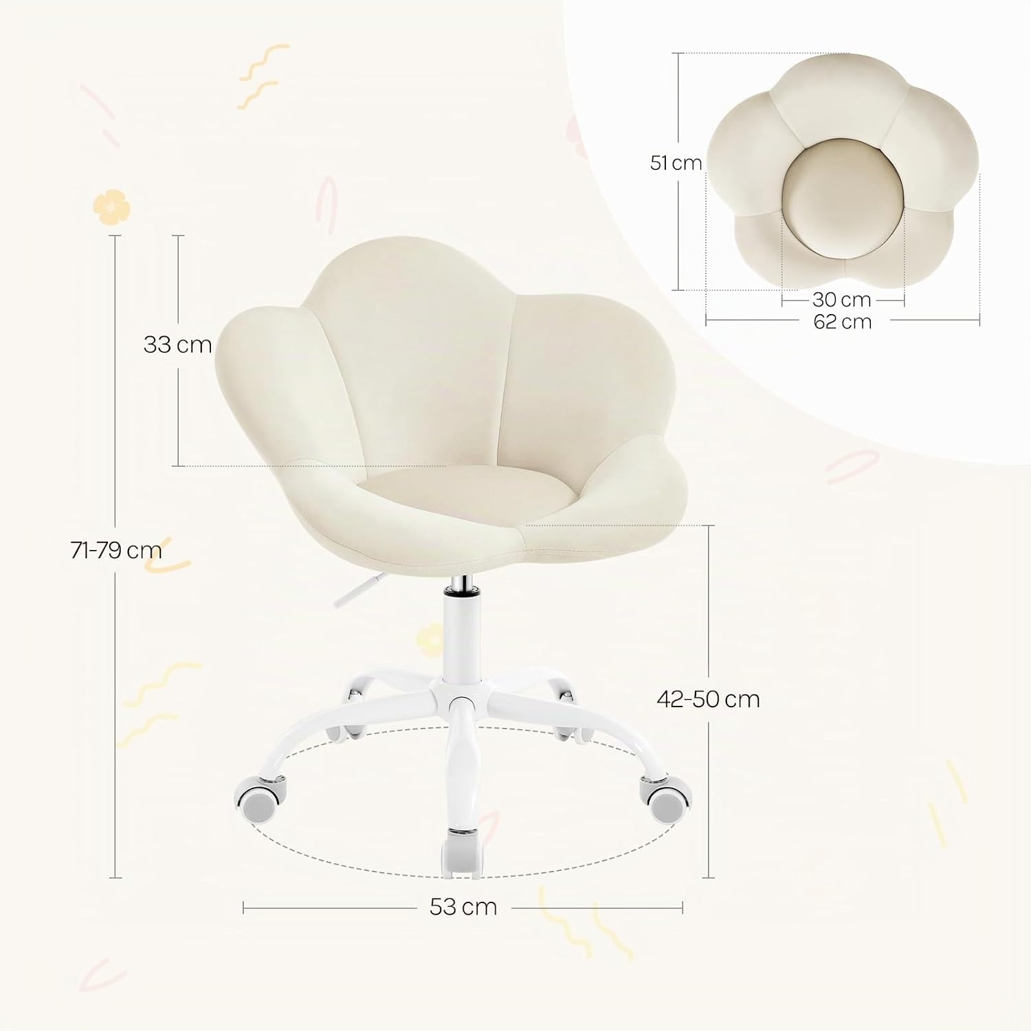 Detalle de WOLTU BS183be barnkontorsstol i beige sammet med hjul och höjdjustering