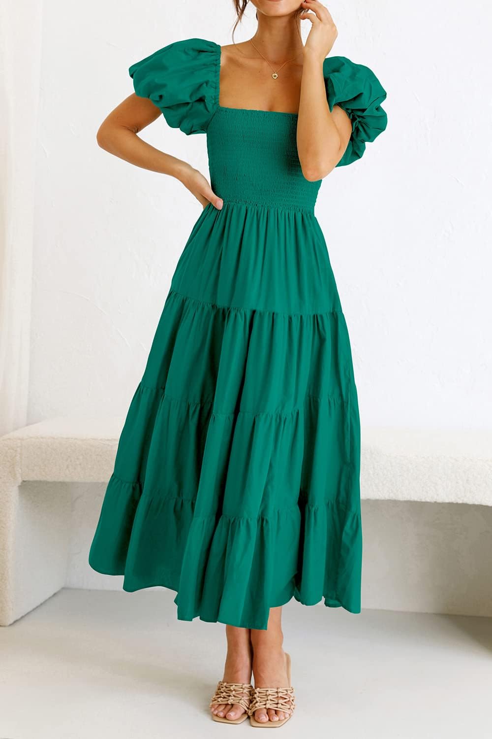Thumbnail 2 de PRETTYGARDEN Women's Casual Summer Midi Dress with Puffy Short Sleeves, Square Neck, Smocked Tiered Ruffle