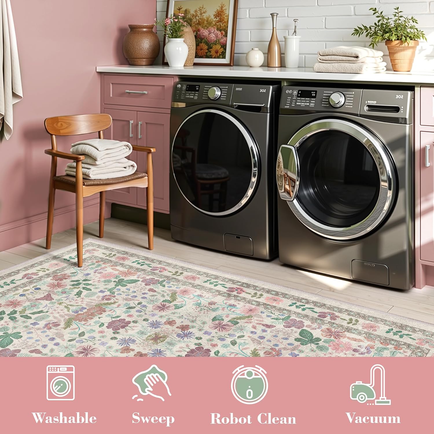 Detalle de Deerly 2' x 6' Floral Runner Rug, Washable Low-Pile Faux Wool