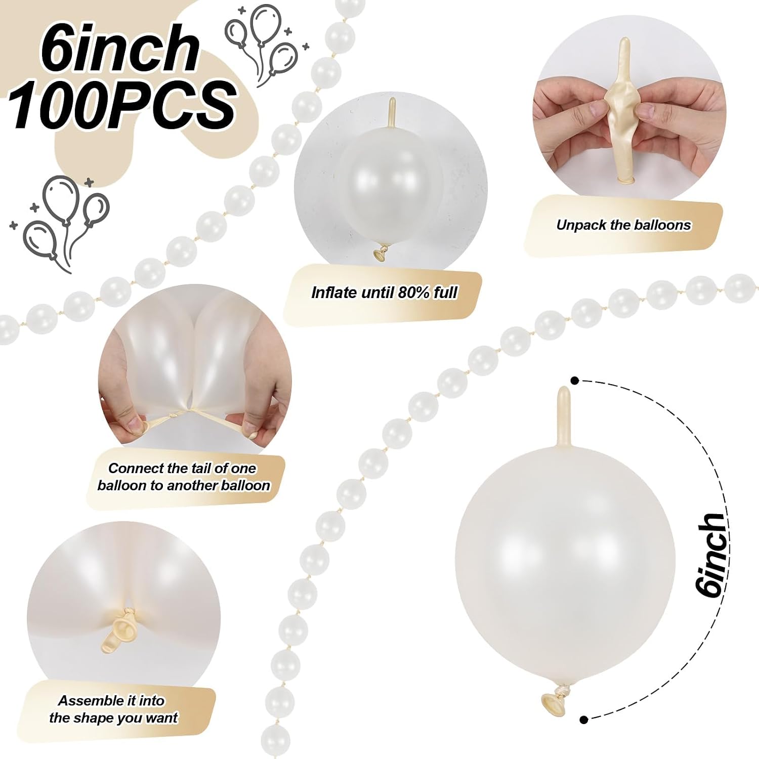 Thumbnail 1 de Pearl White Linking Balloons (100pcs, 6 inch) with Quick Link Tails for Seamless Balloon Walls and Arches