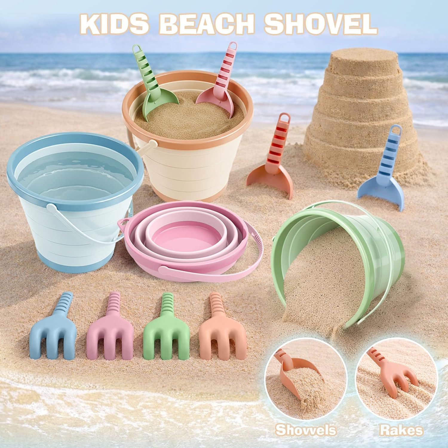 Thumbnail 4 de Dreamon Beach Toys – 13PCS Bucket and Spade Set for Kids with 4 Collapsible Buckets, 8 Spades and Mesh Bag
