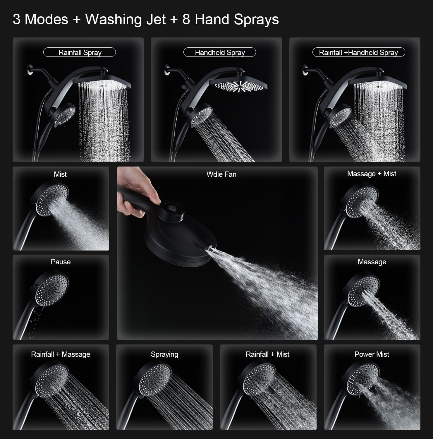 Detalle 2 de BOZYBO Rain Shower Head with Handheld: 12-Inch Rainfall Head + 9-Mode Hand Shower, Magnetic Dock, Power Jets