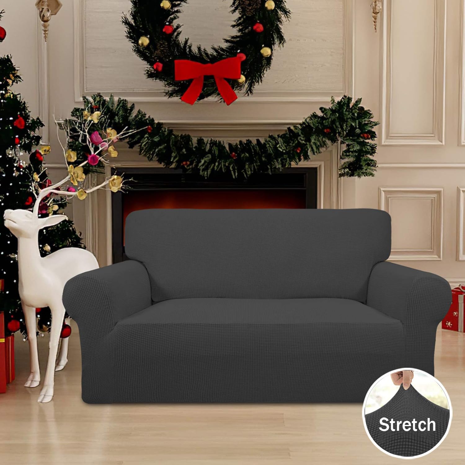 Thumbnail 1 de Easy-Going Stretch Loveseat Slipcover (1-Piece) Dark Gray, Soft Jacquard Fabric with Elastic Bottom