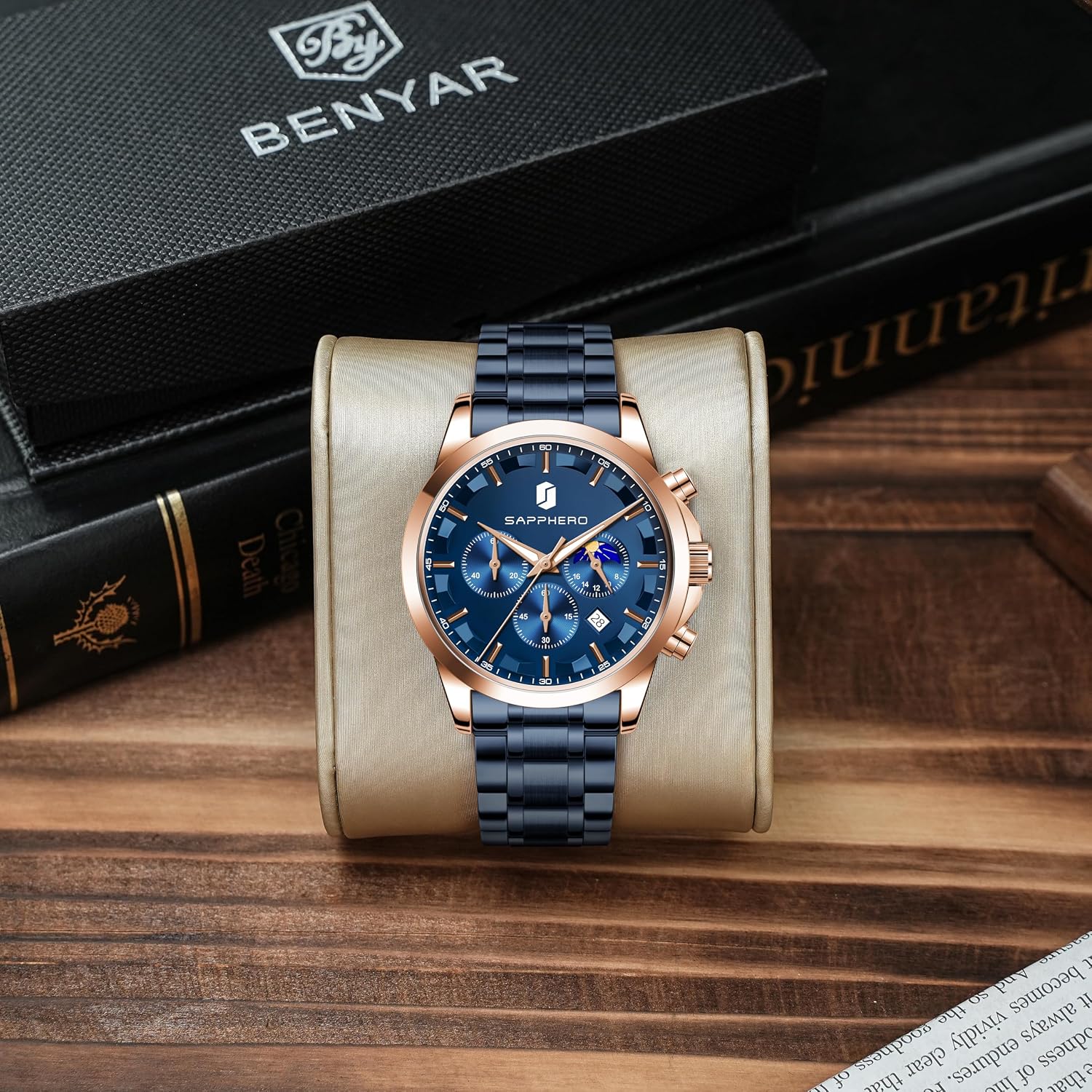 Detalle de BENYAR Herren Chronograph Quarz Analog-Uhr mit Datumsanzeige – wasserfest (3 ATM)
