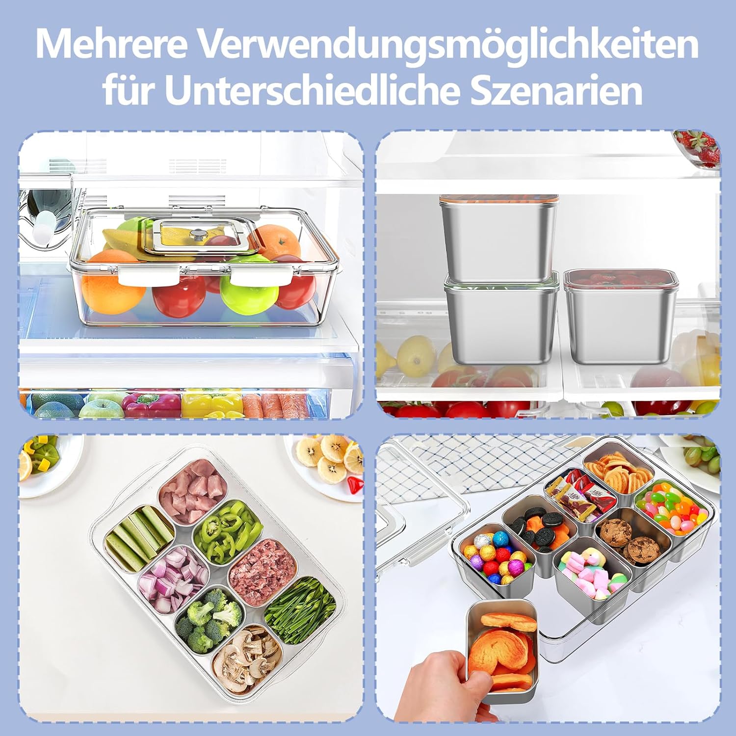 Detalle de JINDUN Snackbox mit 8 Edelstahl Fächern – hygienische Aufbewahrung mit 8 Deckeln