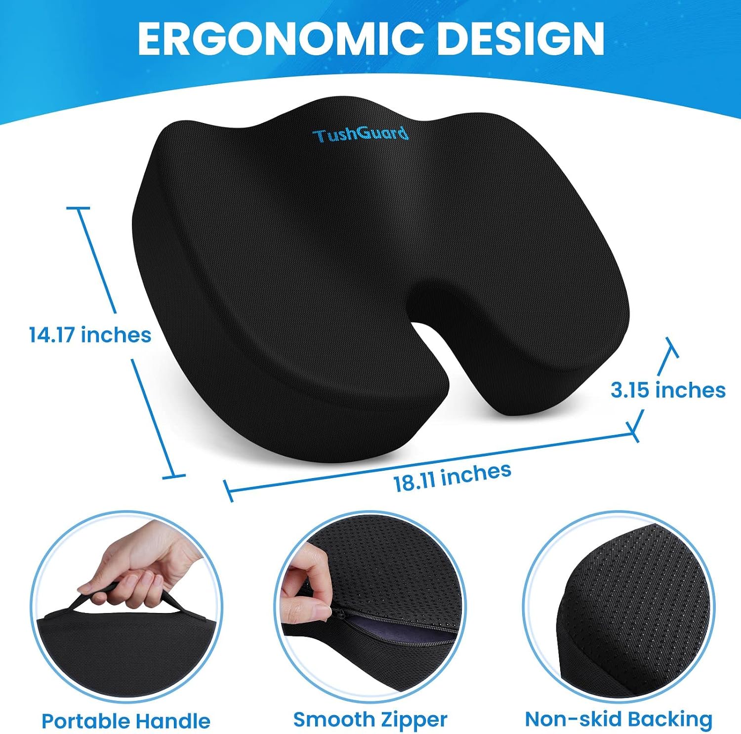 Thumbnail 1 de TushGuard MPN-TG0002-NYBL-new Memory Foam Seat Cushion, Large, Black