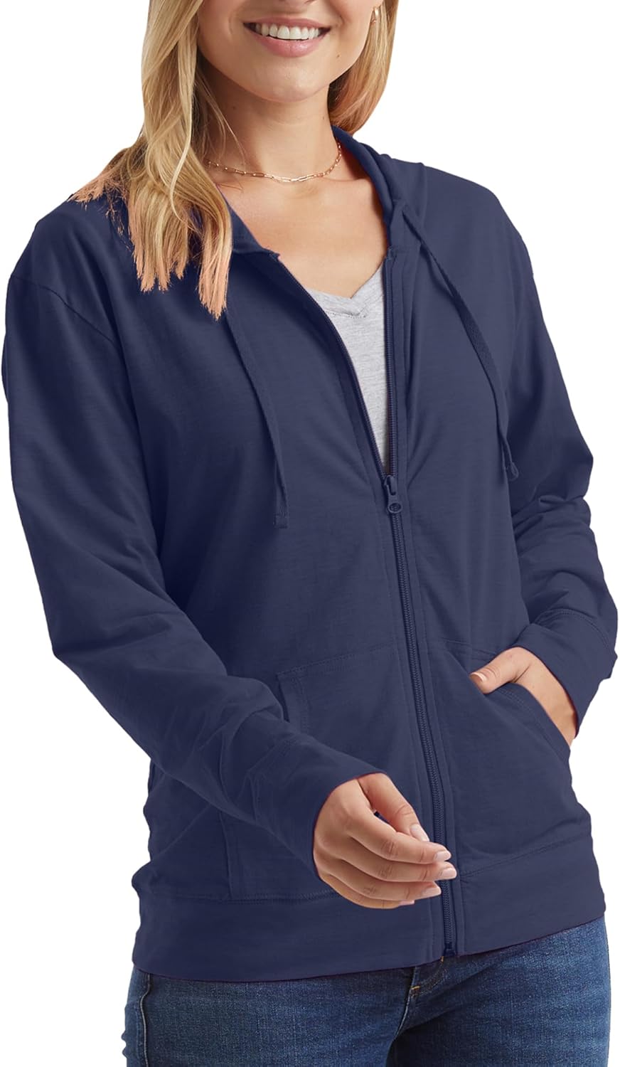 Detalle de Hanes Womens Slub Knit Full-Zip Hoodie: Textured Cotton Zip-Up for Everyday Comfort