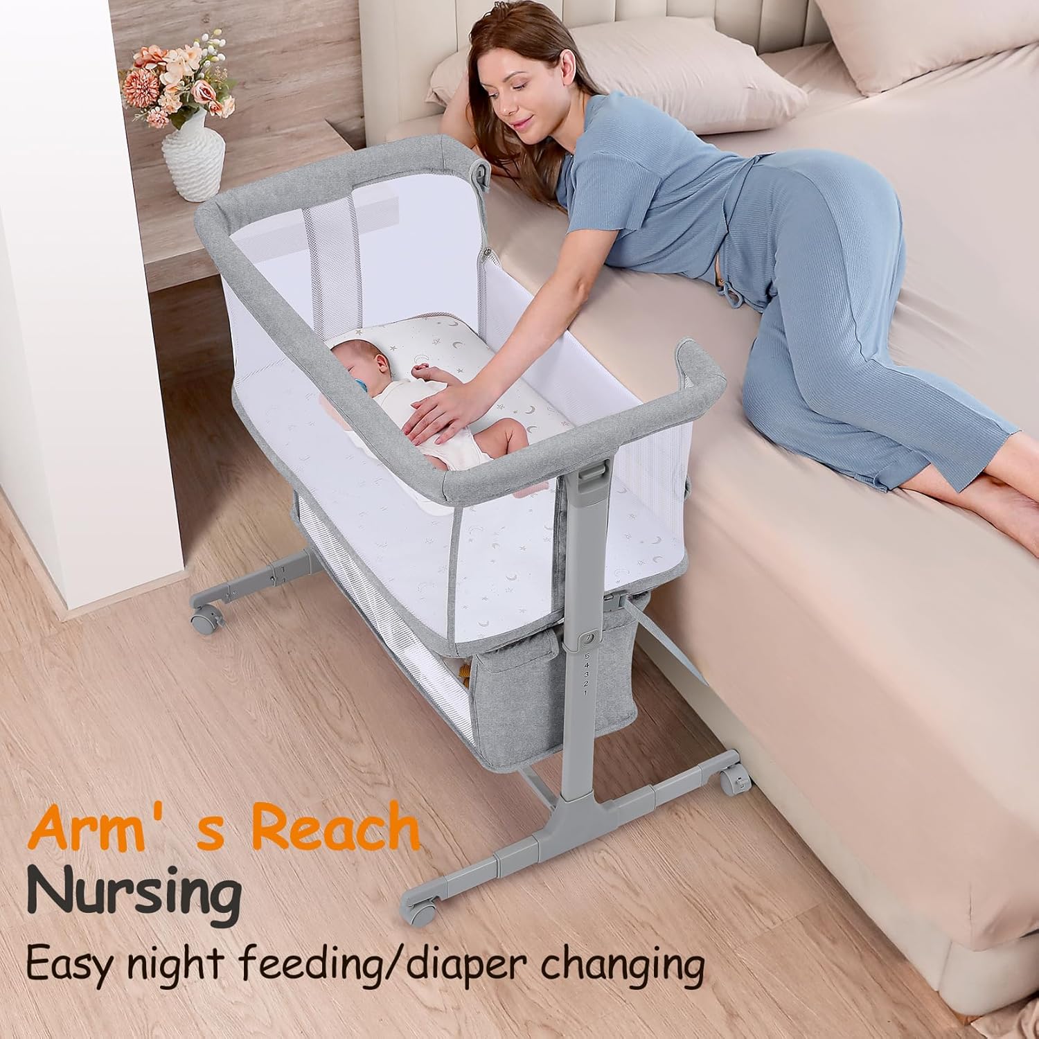Thumbnail 4 de Growaystory Beistellbett Baby (Co-Sleeper) mit Rädern, 7-fach höhenverstellbar – Hellgrau