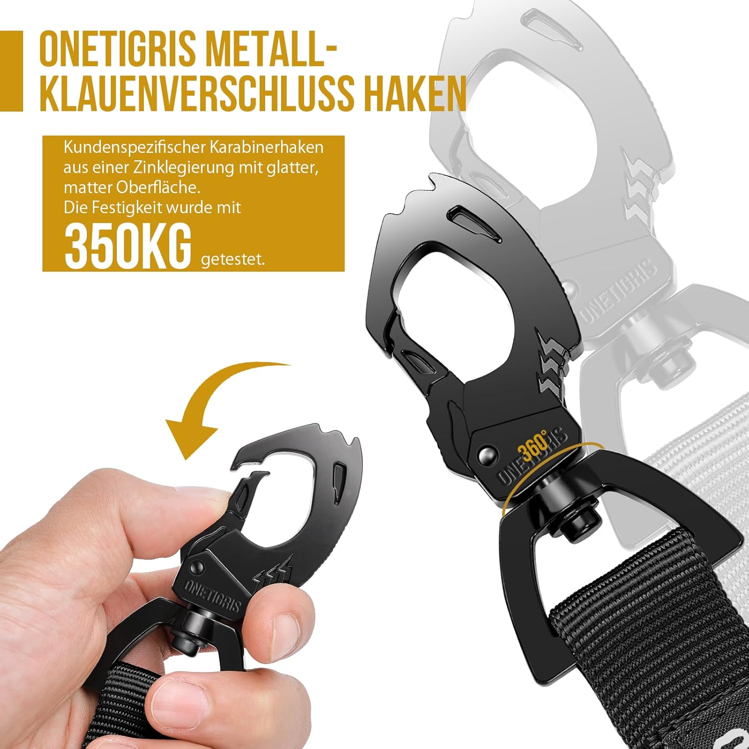 Detalle de OneTigris Laisse pour chien à ressort 86–120 cm en nylon avec clip tigre et double poignées – Noir