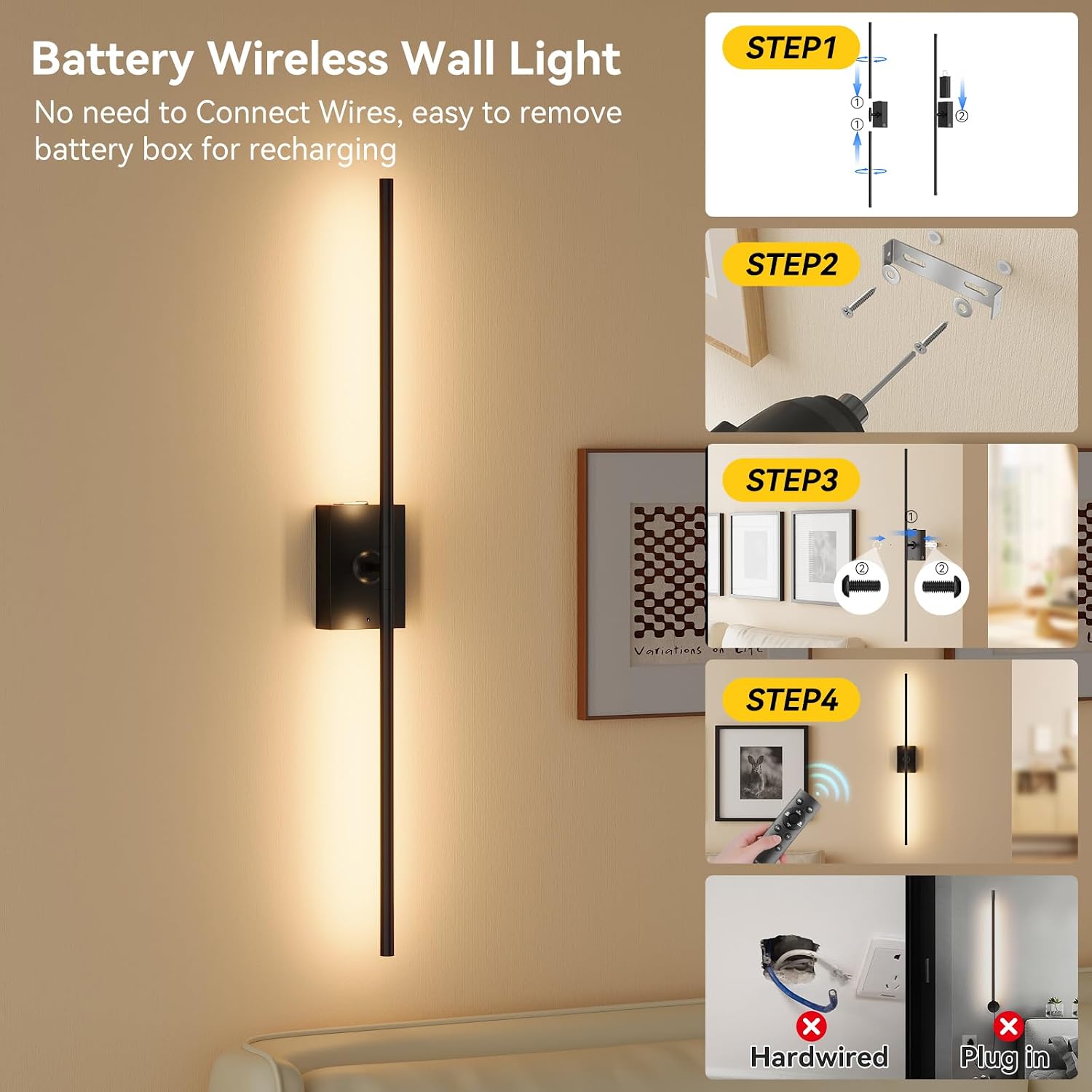 Detalle de Ouyulong WS-04 Battery-Powered Wall Sconces, Set of 2, Remote Dimming