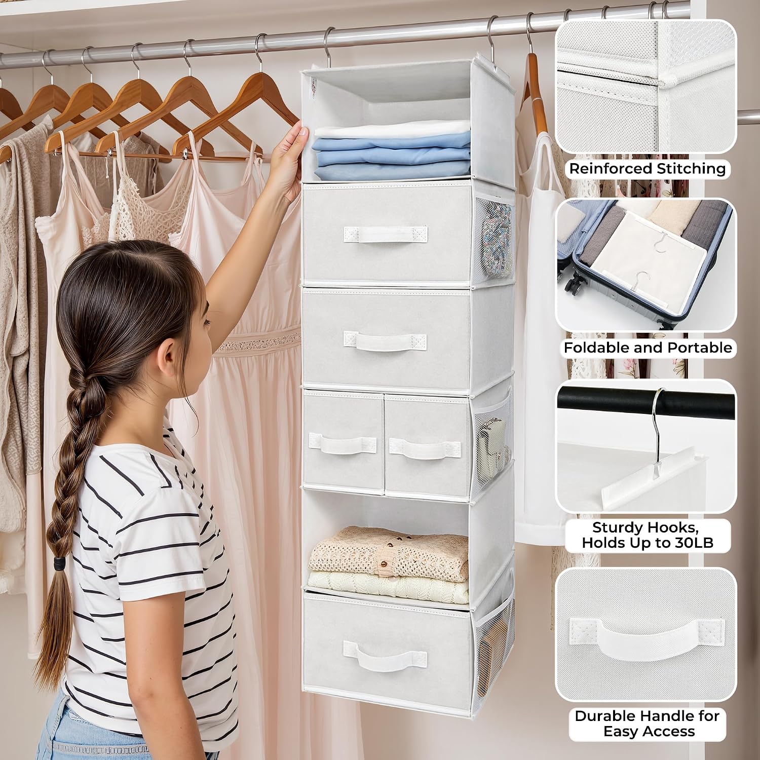 Detalle 2 de GRANNY SAYS GS4006 Hanging Closet Organizer, 6 Shelves, 5 Drawers, White