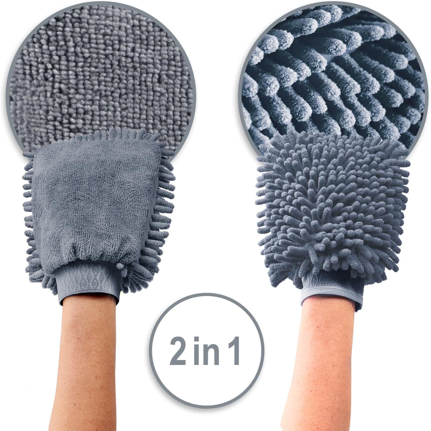 Thumbnail 3 de com-four® 3x Waschhandschuh aus Chenille & Microfaser (grau) – für Auto, Haushalt und Fensterreinigung