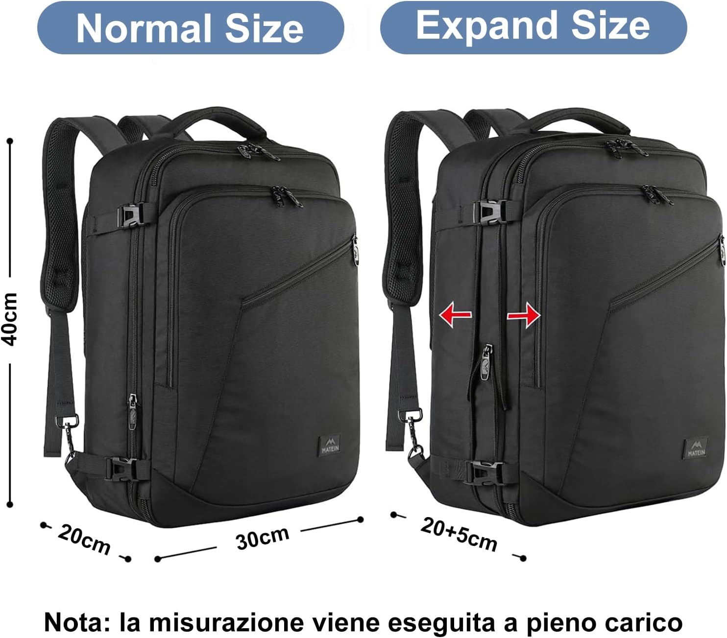 Detalle de MATEIN Zaino da cabina Ryanair 40x30x20 espandibile 24L con tasche e supporto per laptop fino a 14/15 pollici, nero
