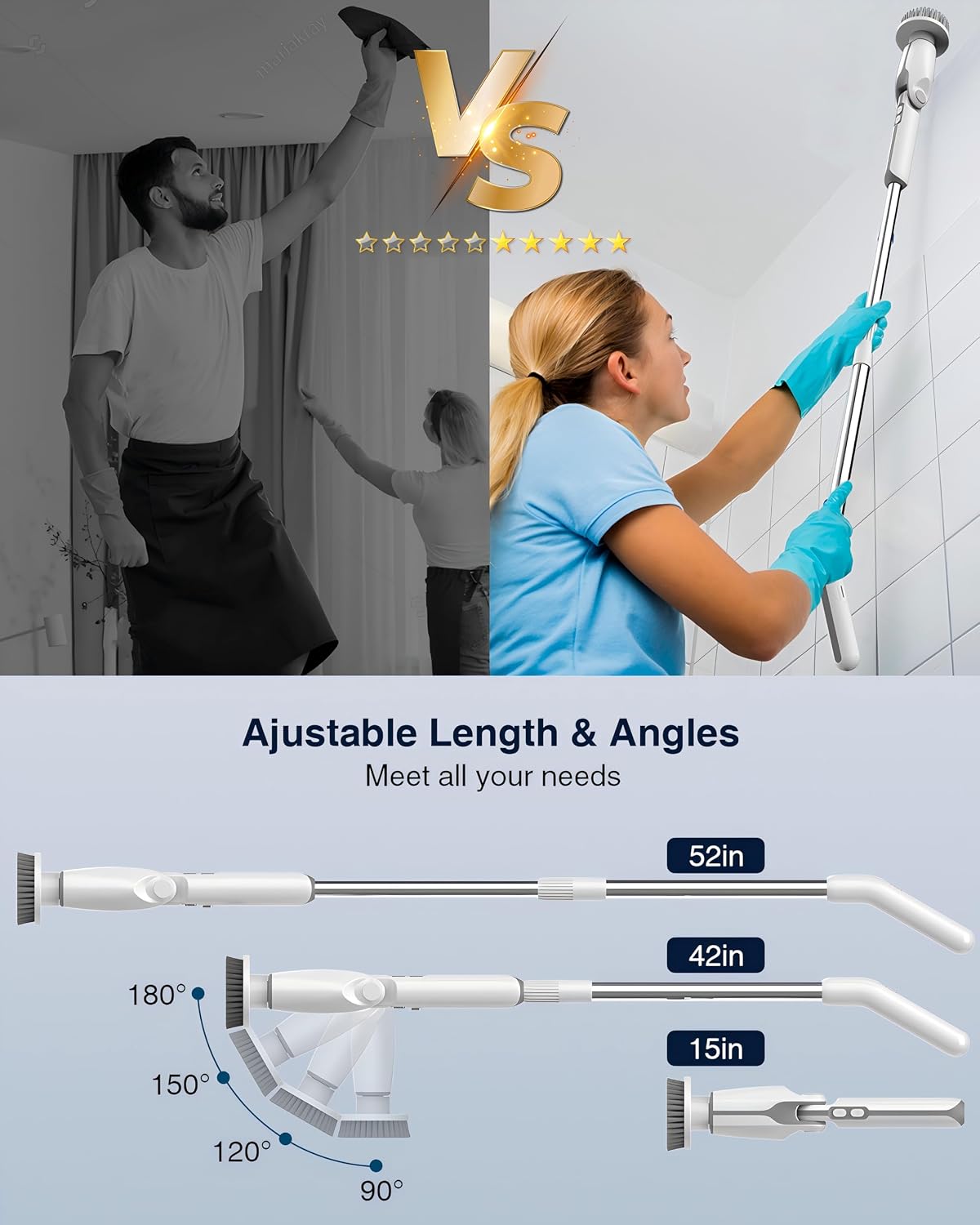 Detalle de Leebein Electric Spin Scrubber (YMG-820) with long handle, remote control and 8 replaceable brush heads