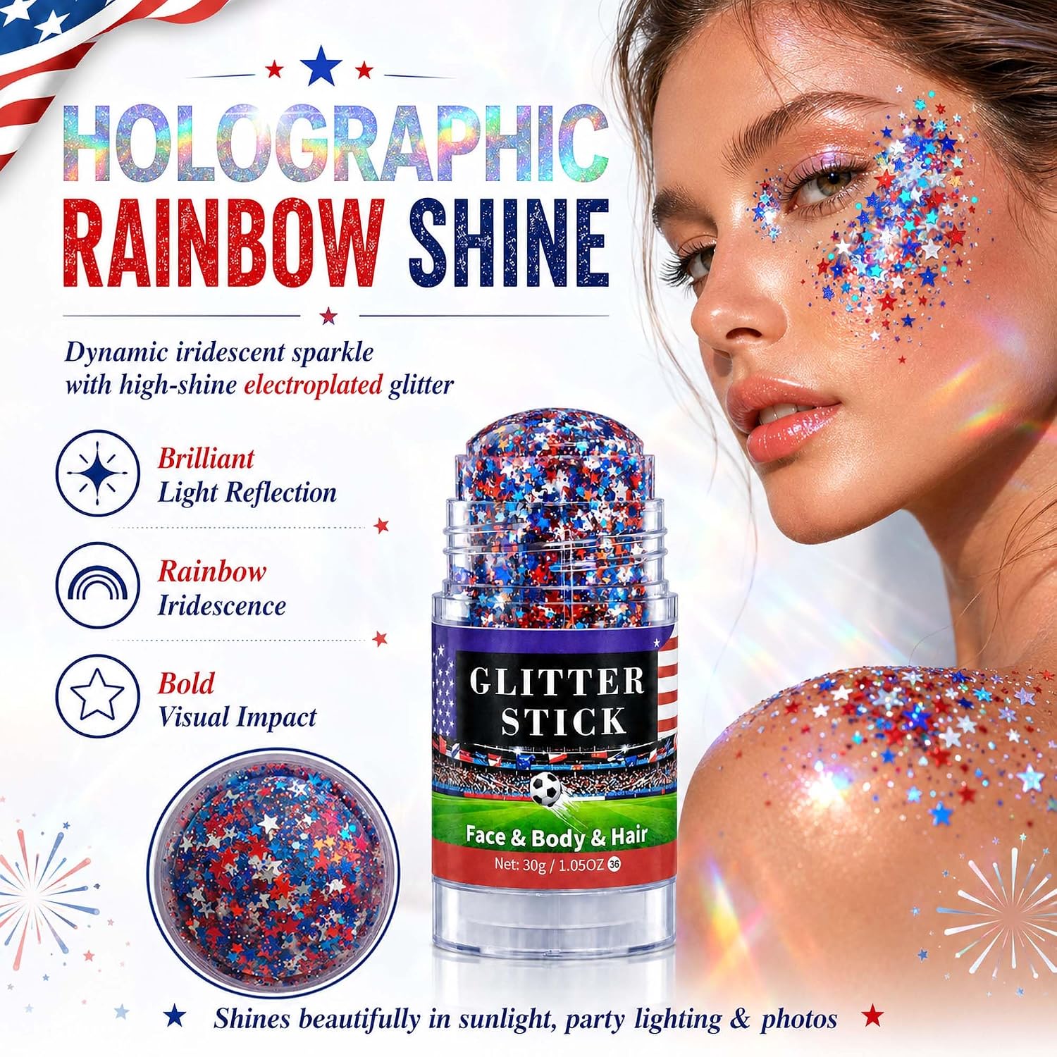 Detalle de Go Ho LLG-446-60S-02-US Patriotic Star Glitter Stick, Red, White & Blue, 1.05 oz