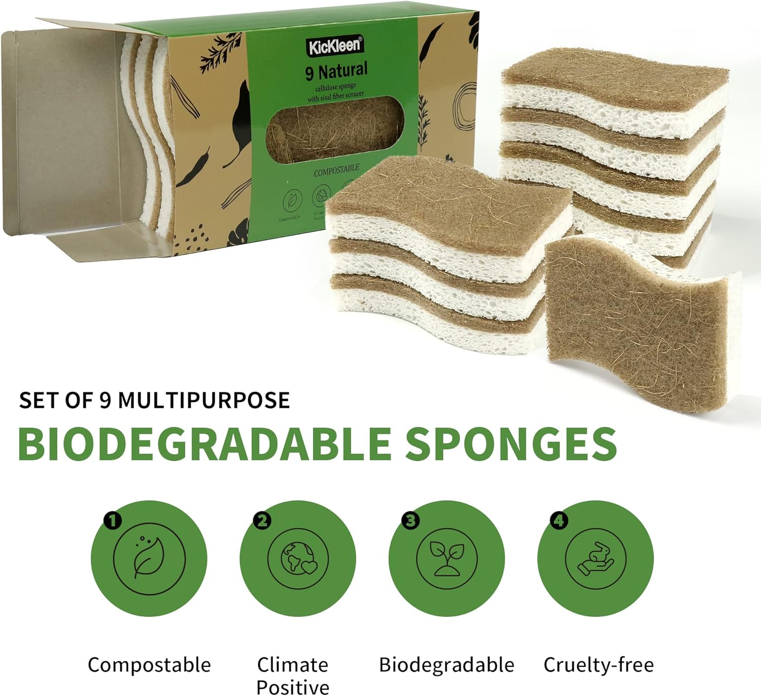 Thumbnail 1 de KICKLEEN 9 Pack Biodegradable Kitchen Sponge: Compostable Cellulose + Coconut Scrubber