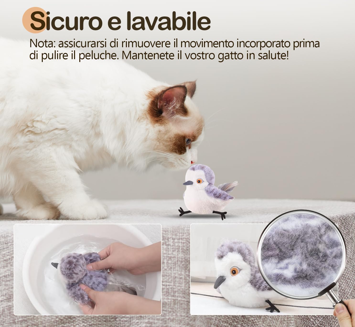 Detalle 2 de Migipaws Uccello che sbatte: giocattolo interattivo ricaricabile per gatti, con erba gatta