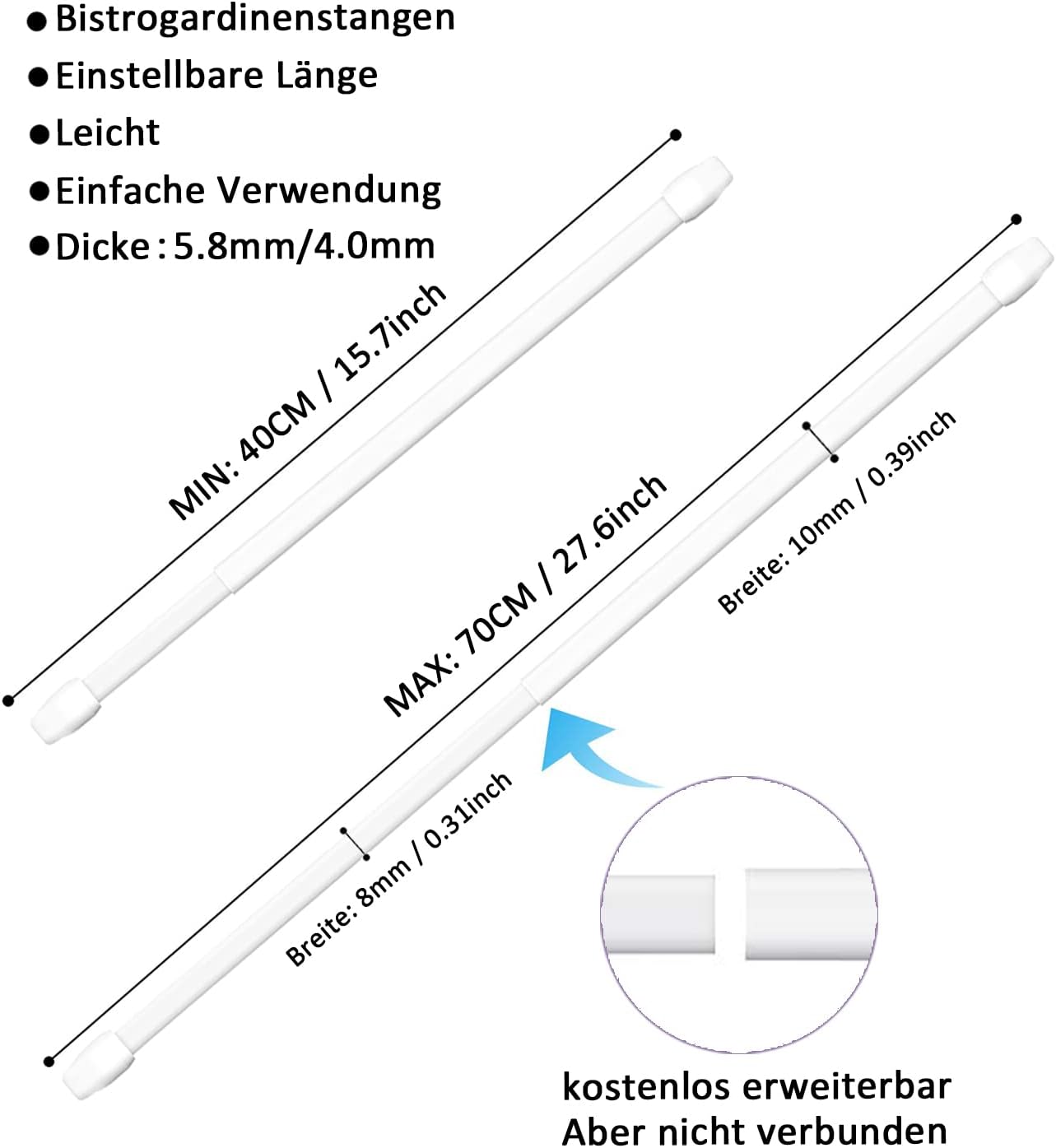 Detalle de Set da 2 bastoni per tende a vetro estensibili 40–70 cm bianco, con ganci 3M (senza forare)