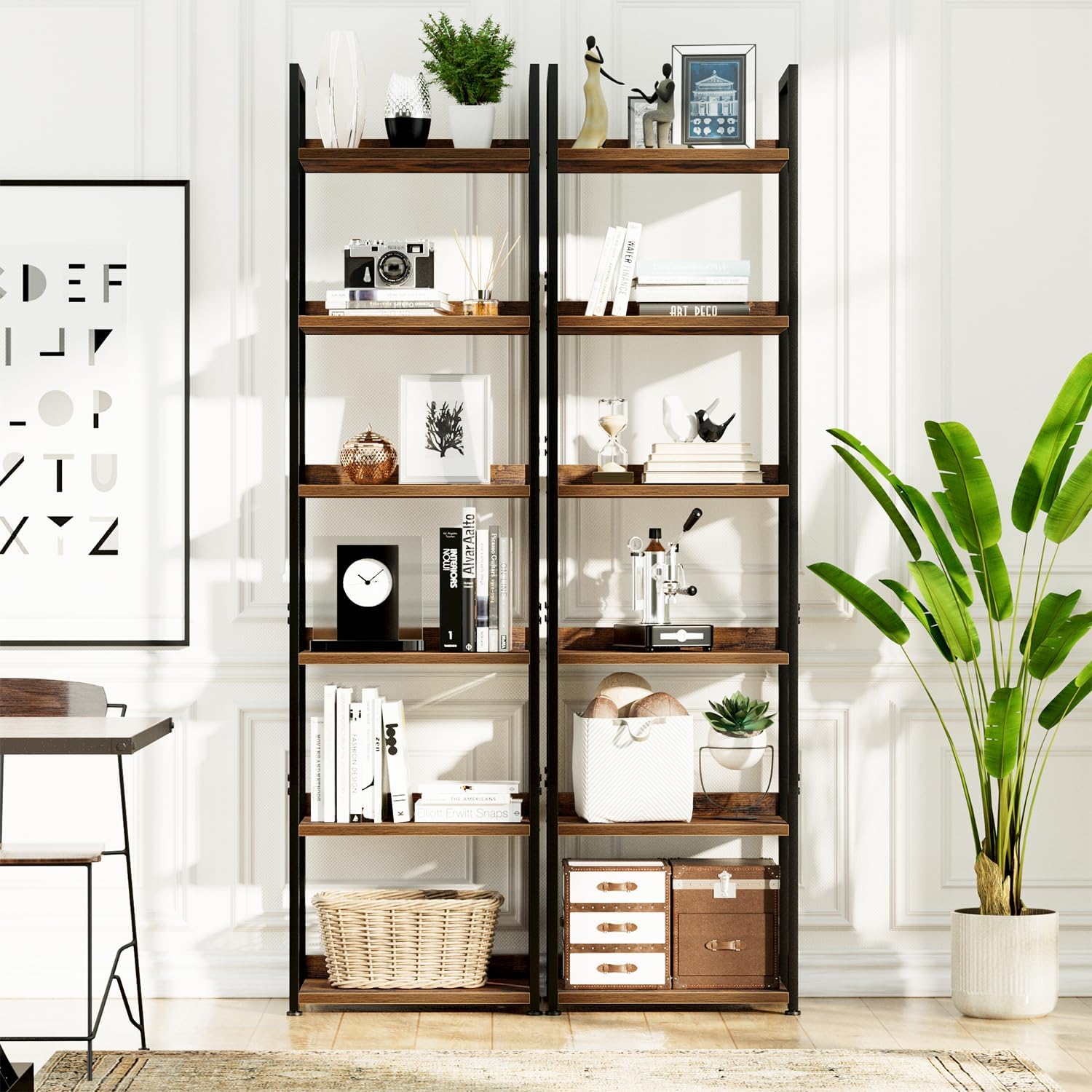 Detalle 2 de NUMENN C84 6-Tier Narrow Bookshelf, Vintage FSC-Certified Wood and Metal