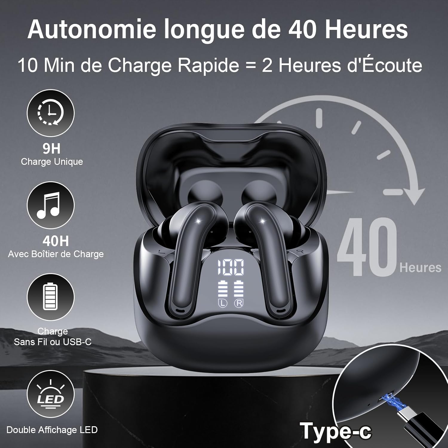 Detalle de DUCOCUB Écouteurs sans Fil à Réducteur de Bruit Hybride ANC 45 dB, Bluetooth 5.4, App Smart Life, 49H d'autonomie et IPX7