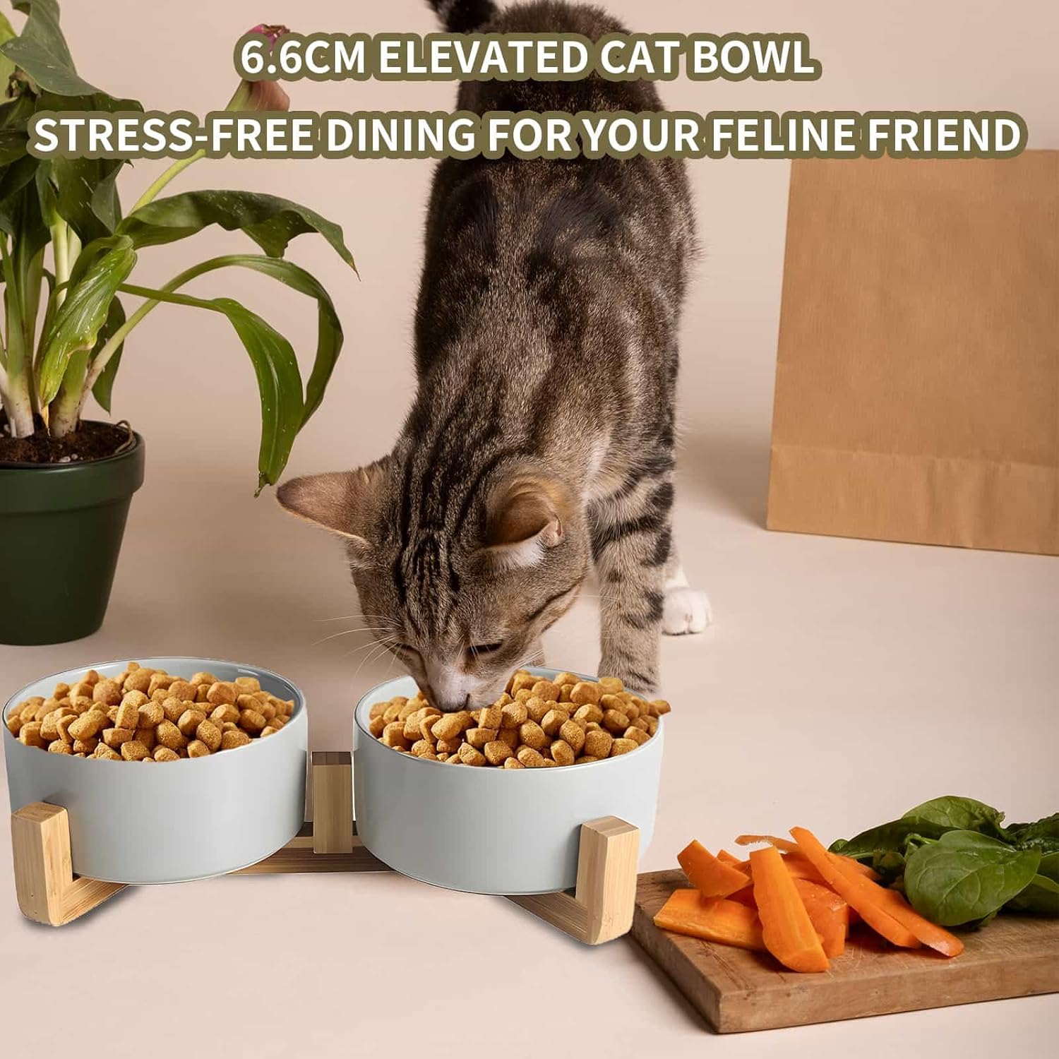 Thumbnail 4 de Double Ceramic Cat Bowls 400ML Raised Cat Feeder with Wooden Stand – Grey