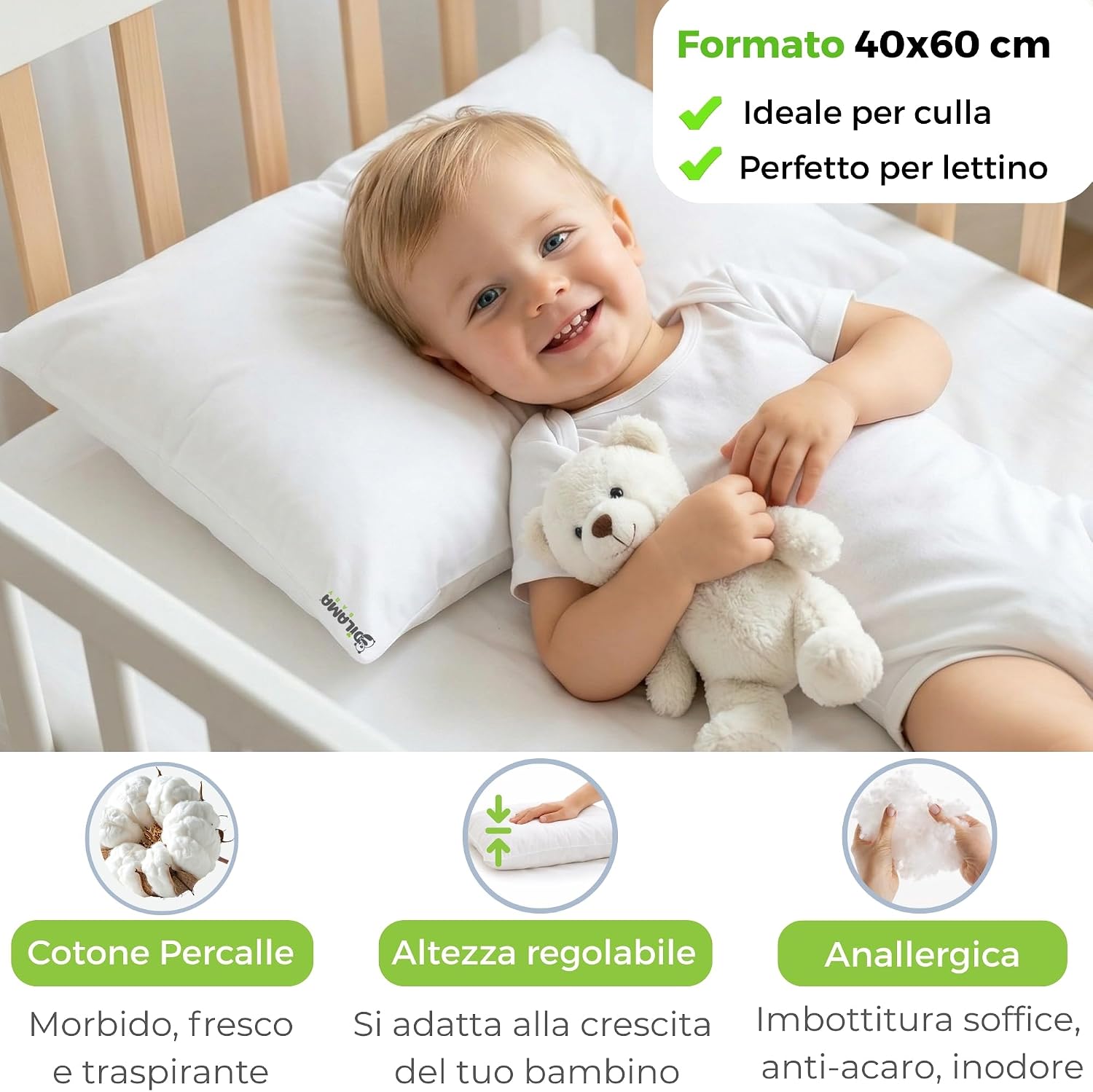 Detalle 2 de Dilamababy Cuscino Lettino Bambino 40x60 Regolabile in Altezza – 100% Made in Italy