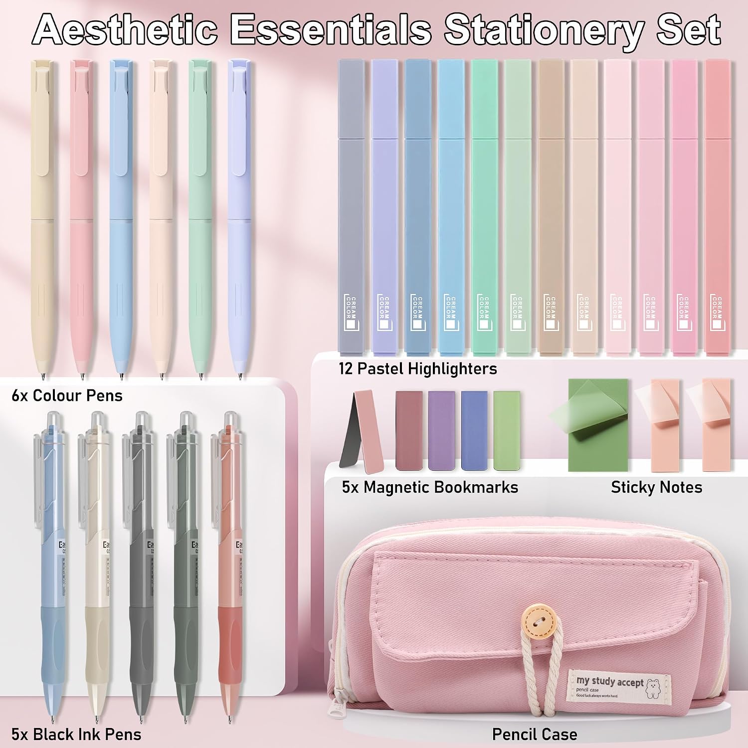 Detalle de COZCLAM 32pcs Aesthetic Stationery Set with Pink Pencil Case – Pastel Highlighters, Colour Pens and Magnetic Bookmarks