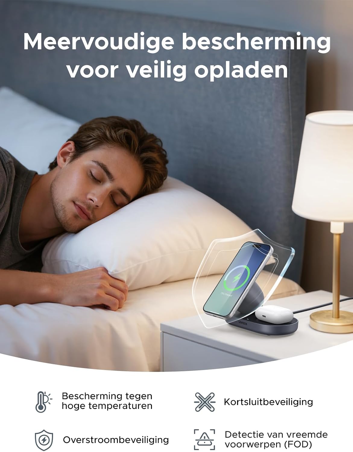 Detalle de UGREEN Zapix 2-in-1 15W Qi2-oplaadstation met vaste kijkhoek