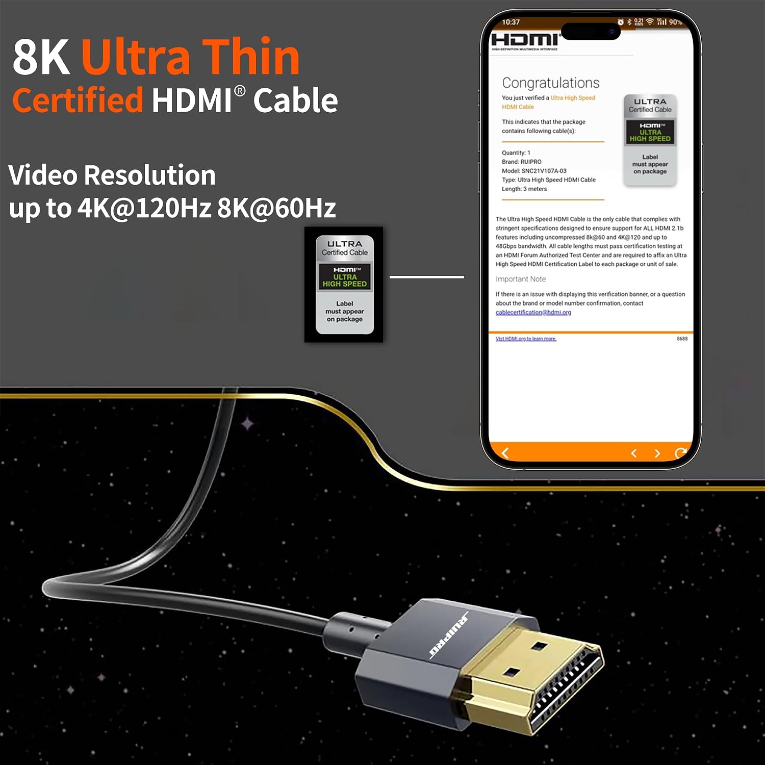 Detalle de RUIPRO Ultra Thin 8K HDMI 2.1 Cable 3FT (2-Pack): Slim, Flexible, and Ready for 8K/4K HDR Gaming and Entertainment