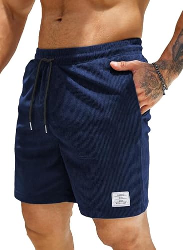 Detalle de JMIERR Kurze Hosen Herren Corduroy Shorts – elastischer Bund, Taschen, Blau (Größen S–3XL)