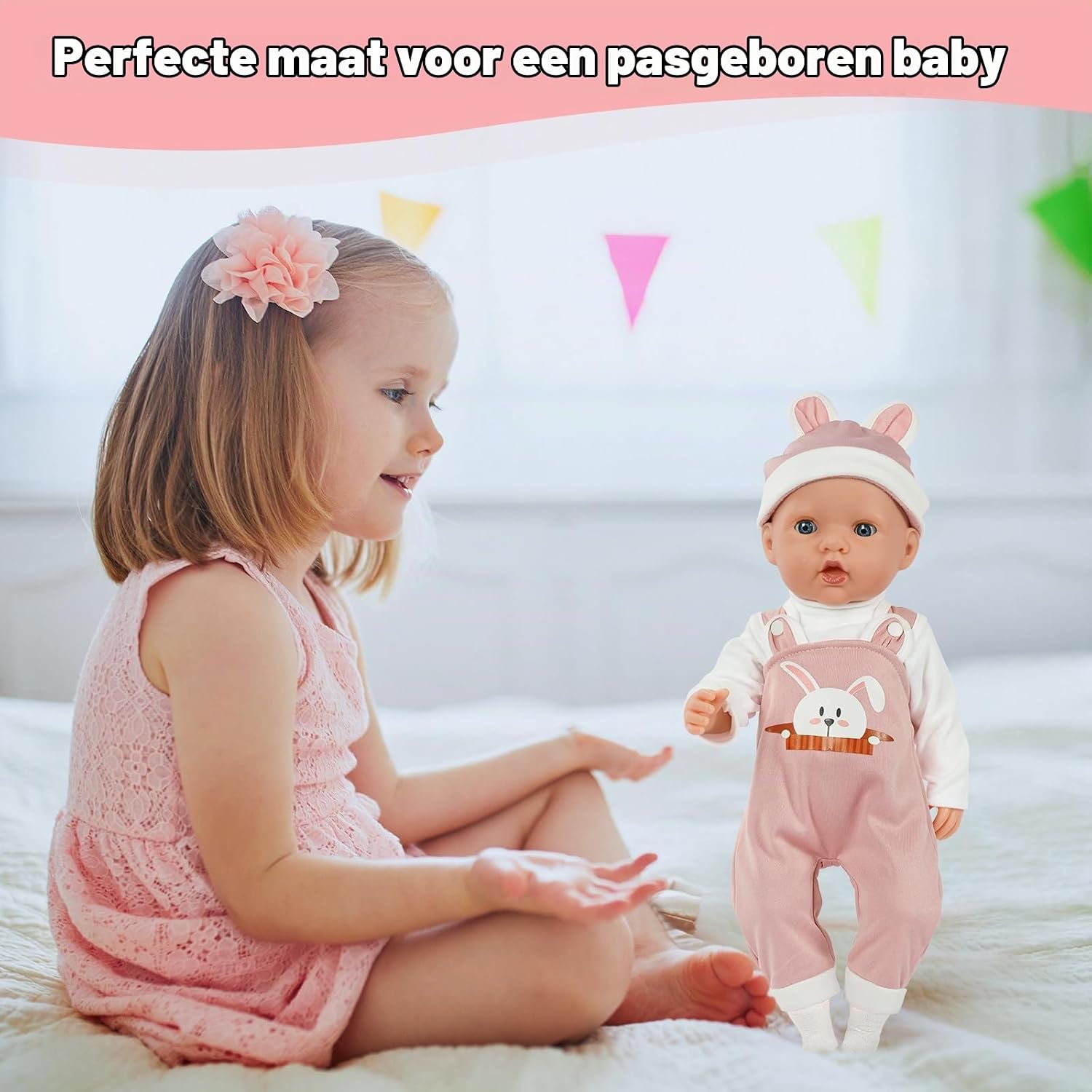 Thumbnail 5 de Aolso poppenkledingset voor babypoppen van 35-45 cm met roze konijnenhoed