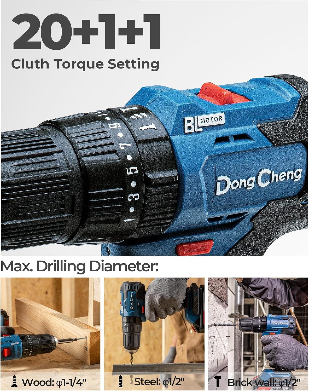 Detalle 2 de Dong Cheng 20V Brushless Heavy-Duty Impact Drill (50N.m, 13mm keyless chuck) with 2 x 2.0Ah batteries