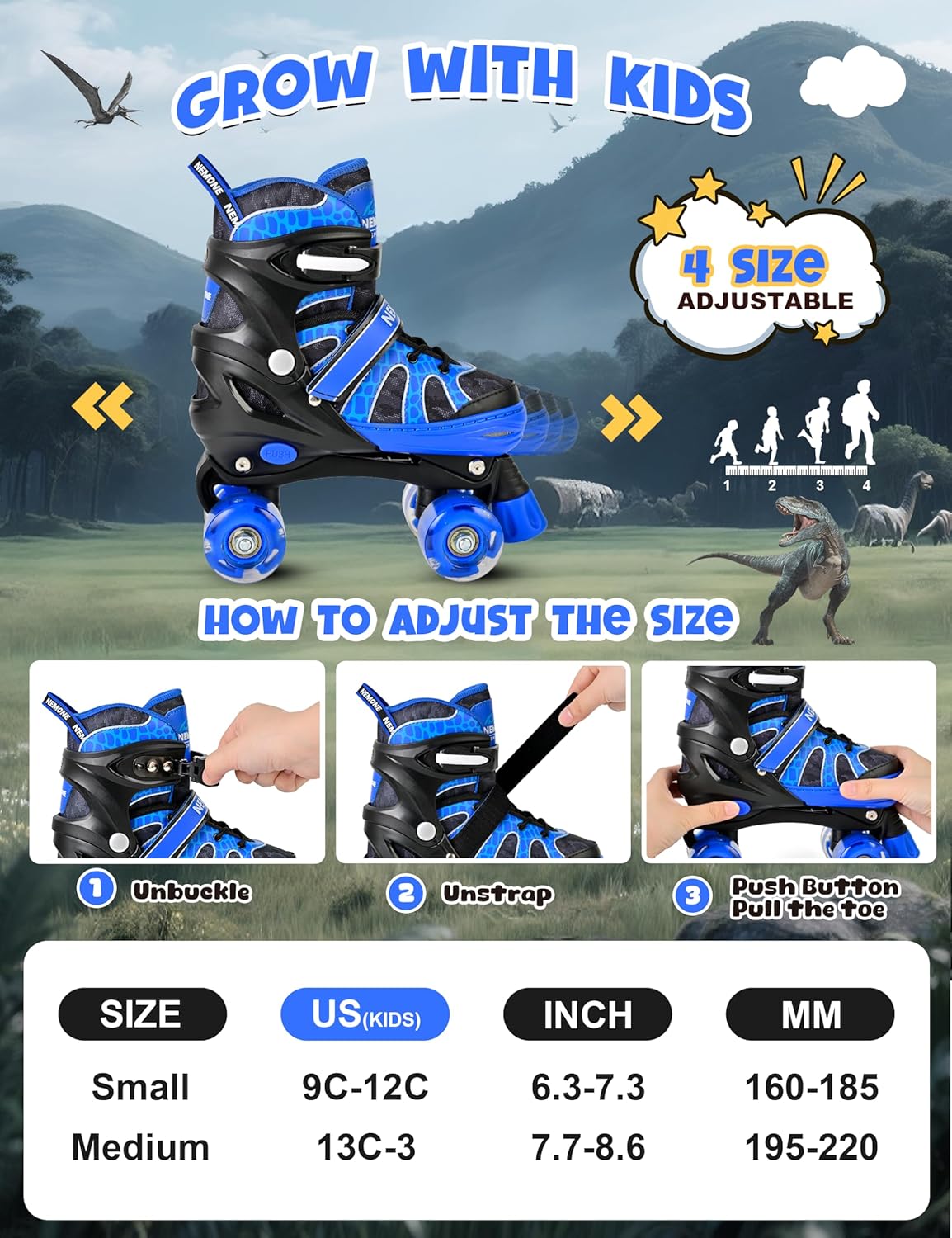 Thumbnail 3 de NEMONE Mermaid 4 Size Adjustable Light-Up Roller Skates for Girls (Purple Blue)