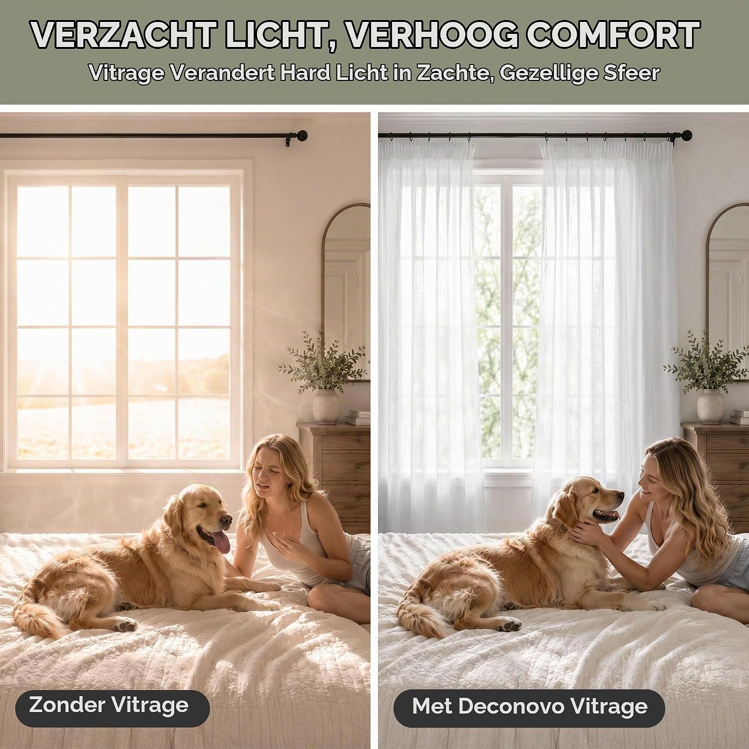 Detalle de Deconovo vitrage met plooiband 140 x 175 cm, 2 witte linnenlook panelen