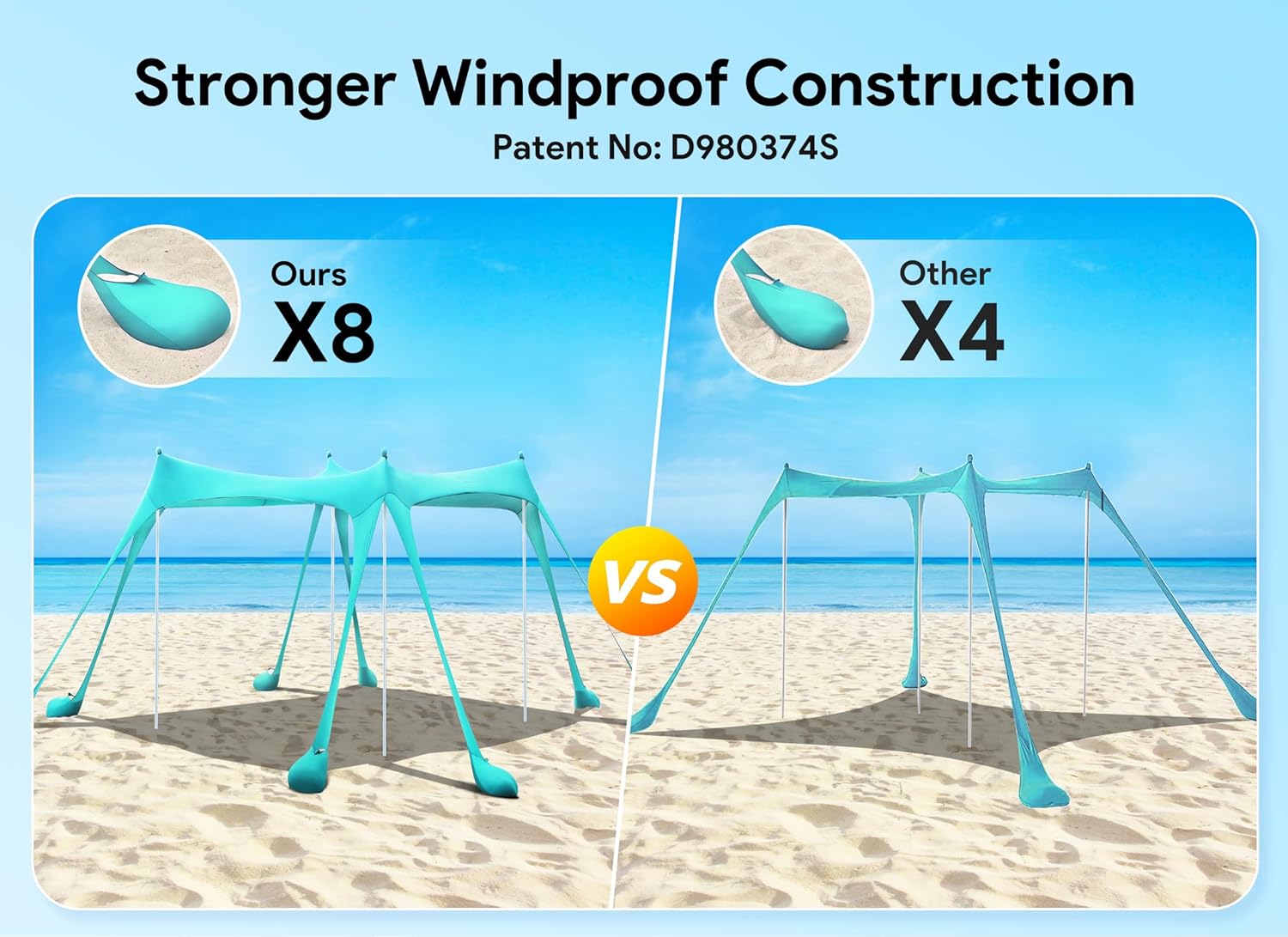 Thumbnail 2 de Osoeri Beach Tent Sun Shelter UPF50+ (10×10 ft) with 8 Sandbags, Shovels, Ground Pegs & Poles